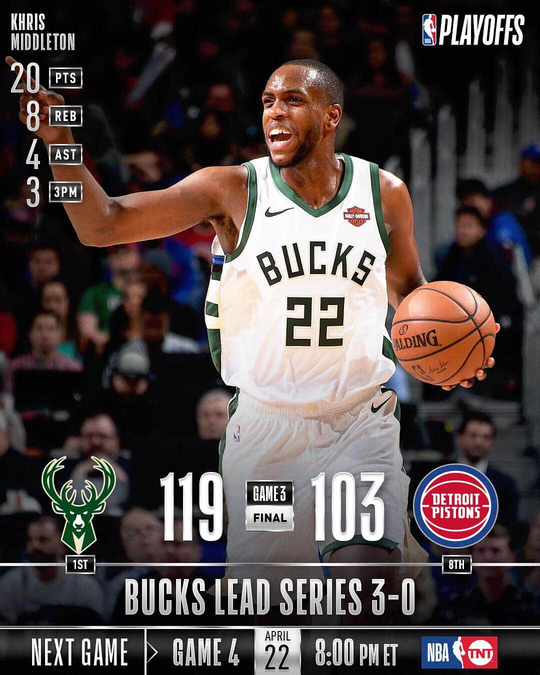 NBAさんのインスタグラム写真 - (NBAInstagram)「The @bucks take 3-0 series lead over the @detroitpistons with 119-103 victory in Detroit! #NBAPlayoffs」4月21日 11時55分 - nba