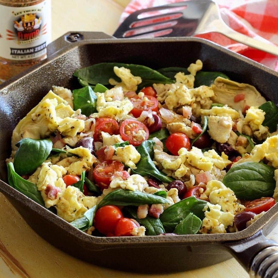 Flavorgod Seasoningsさんのインスタグラム写真 - (Flavorgod SeasoningsInstagram)「MEDITERRANEAN BREAKFAST SKILLET⁣ -⁣ Build Your Own Bundle Now!!⁣ Click the link in my bio @flavorgod ✅www.flavorgod.com⁣ -⁣ Now enjoy this new breakfast recipe from @paleo_newbie_recipes‼️⁣ -⁣ -⁣ Savory and sensational one-pan breakfast to really wake up your taste buds from @paleo_newbie_recipes.⁣ -⁣ INGREDIENTS:⁣ 1 Tbsp olive oil⁣ 3 ounces diced pancetta⁣ 1/2 medium onion, diced⁣ 1 clove garlic, minced⁣ 4 eggs, whisked⁣ 1/2 cup tomato grapes, halved⁣ 1/3 cup Kalamata olives, pitted and halved⁣ 6 ounces jarred artichokes, chopped⁣ 1 handful of fresh spinach leaves⁣ @flavorgod ITALIAN ZEST seasoning⁣ -⁣ INSTRUCTIONS:⁣ Heat olive oil in a large skillet over medium heat. Add pancetta and onion – cook together 3-4 minutes. Add minced garlic, cook 1 more minute.⁣ –⁣ Stir whisked eggs into skillet and season generously with #FlavorGod ITALIAN ZEST. Once eggs are scrambled, add tomatoes, olives, artichokes and spinach. Gently mix until warmed through.⁣ –⁣ Sprinkle breakfast skillet with additional #FlavorGod seasonings if desired. Serve immediately and enjoy!」4月21日 22時00分 - flavorgod