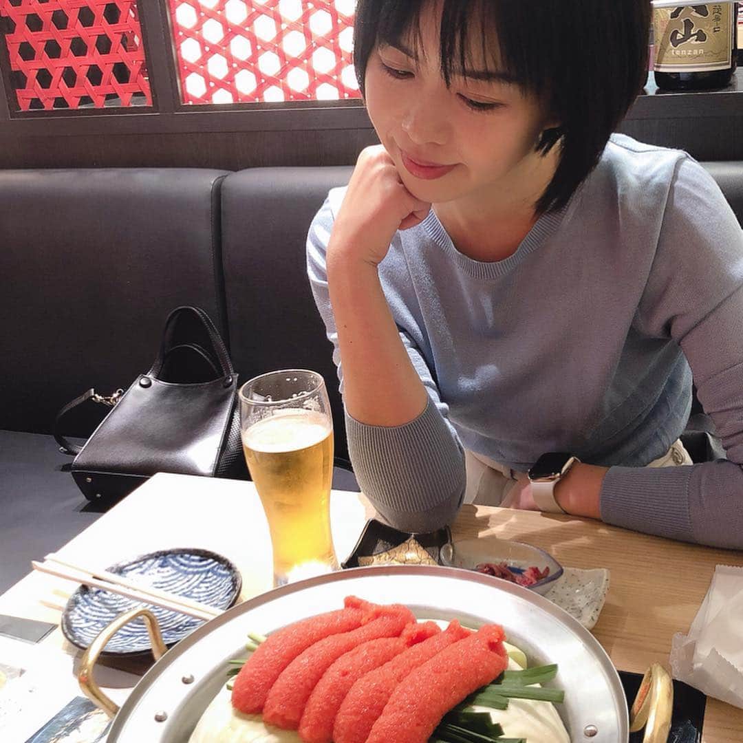 のインスタグラム：「明太もつ鍋を食らう  #明太子好き #もつ鍋好き #合体 #マリアージュ！ #最高 #明太子 #もつ鍋  #博多かねふく #ふく竹 #スープ美味しい #倉田あみ」