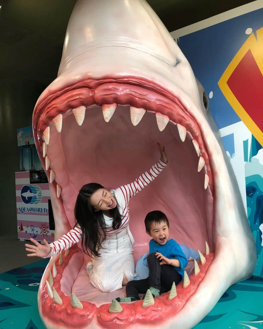 羽村亜美さんのインスタグラム写真 - (羽村亜美Instagram)「茨城への目的の一番はここ #アクアワールド 息子が サメが好きすぎて、 「将来はサメになりたい」と。 最近の会話はほとんどサメ。  わたしのiphoneを勝手に操作して 「サメの動画がみたい」 「シュモクザメの動画がみたい」 「レモンザメの動画がみたい」  とか、もうわけのわからないサメの種類をほとんど知っていて、 図書館にいけば、 絵本ではなく、 「世界サメ図鑑」  ここ数日の寝かしつけの本読みは、 サメ図鑑です。  そんなこんなでサメの水族館には大興奮。 シュモクザメのわりと大きなぬいぐるみをゲットし、離しません。  #サメ好き」4月22日 9時18分 - amihamura