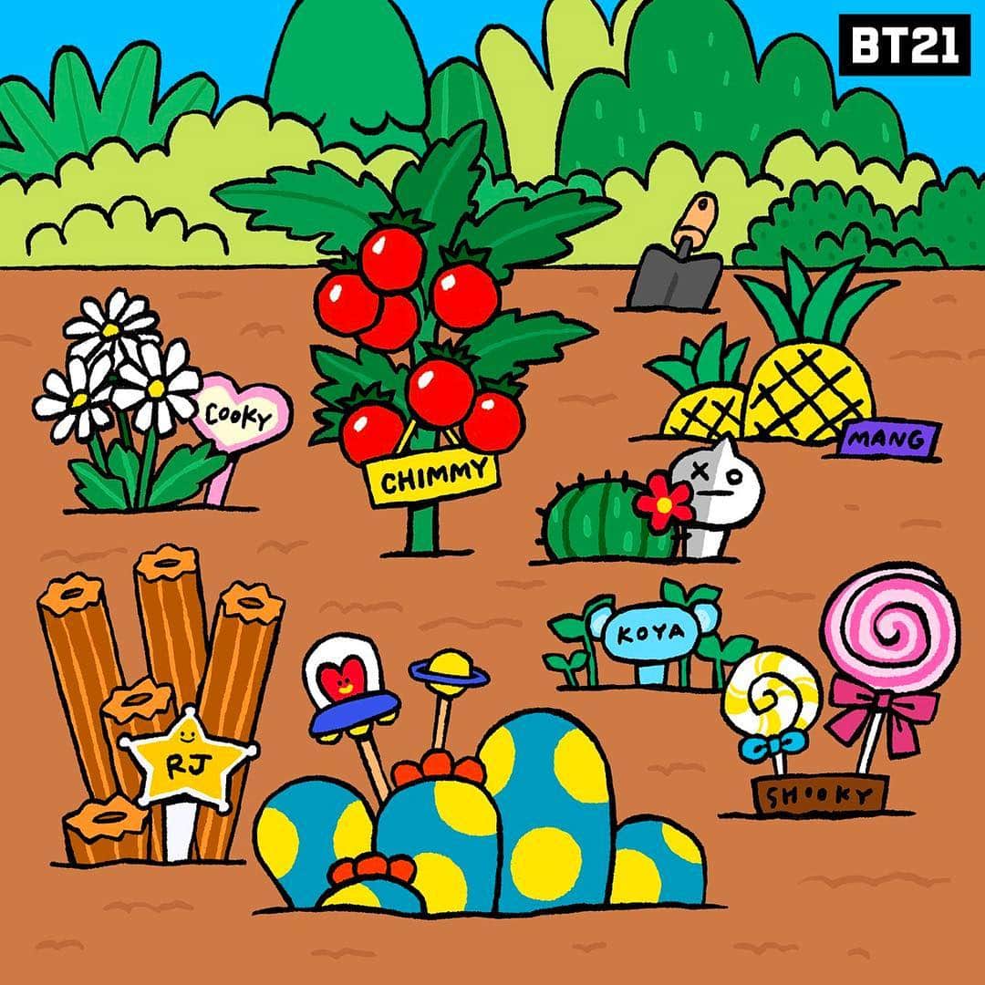 のインスタグラム：「They say as you sow, so shall you reap. These are a few of our favorite things 😜 #RJ #Garden #BT21_UNIVERSE #BT21」