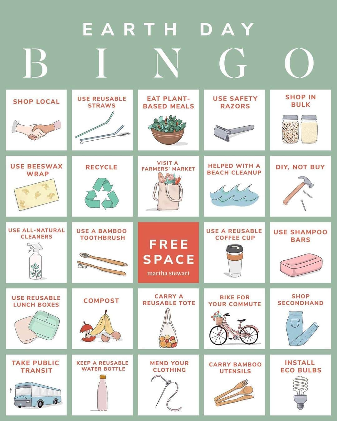 マーサ・スチュワートさんのインスタグラム写真 - (マーサ・スチュワートInstagram)「Happy #EarthDay! 🌿 Play our Earth Day bingo and show us how you go green each and every day. 🙋🏻‍♀️ Plus, consider this your going green guidebook with 24 eco-friendly ideas that will inspire you to shop sustainably, eat more healthily, and think more eco-consciously. After all, you’re helping better the environment for generations to come. 🌎 Take a screenshot and show us how you live sustainably each day by sharing your bingo boards on your Stories + tagging us! 🤳🏼 Tell us: Which one of these do you practice on the daily? Leave your comments below! 👇🏼」4月23日 1時04分 - marthastewart