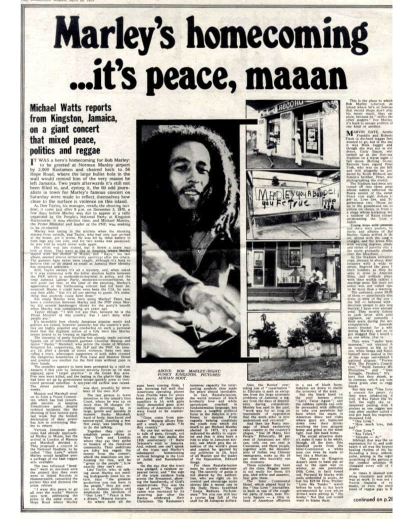 ボブ・マーリーさんのインスタグラム写真 - (ボブ・マーリーInstagram)「On this day in 1978, Bob Marley brought together the leaders of Jamaica's warring political parties on stage as a showing of unity at the One Love Peace Concert in Kingston! It was a historic moment for both music and Jamaican history, which led to a period of non-violence in the neighborhoods of Jamaica, as well as Bob being awarded the U.N. Peace Medal. #todayinbobslife」4月23日 4時54分 - bobmarley