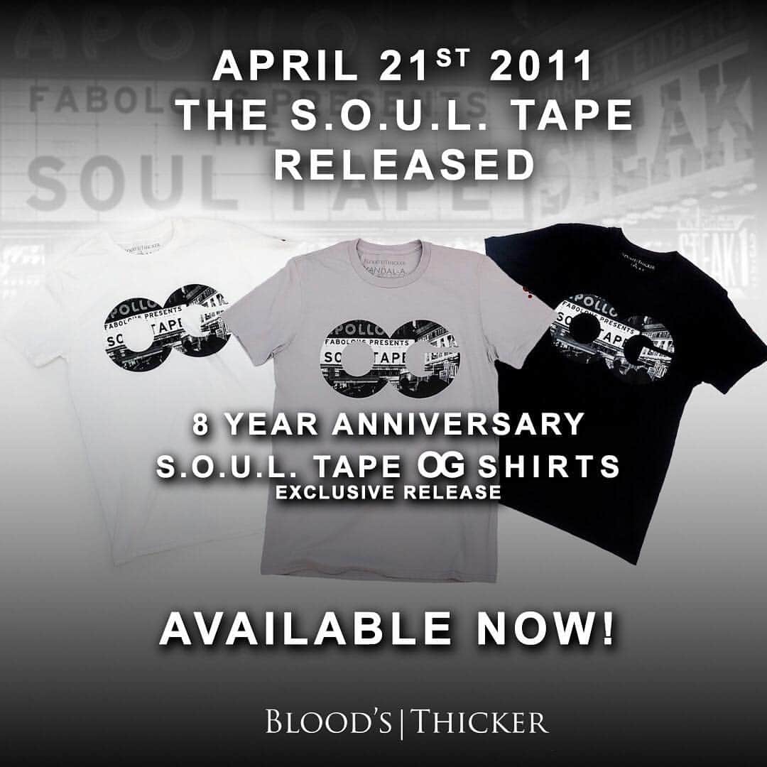 ファボラスのインスタグラム：「To Celebrate the release of the SOUL TAPE 8 years ago on April 21st 2011, we cooked up a collab with @vandal_a to salute the SOUL TAPE OG’s. T-Shirts Available NOW at bloodsthicker.com or hit the LINK IN BIO.」