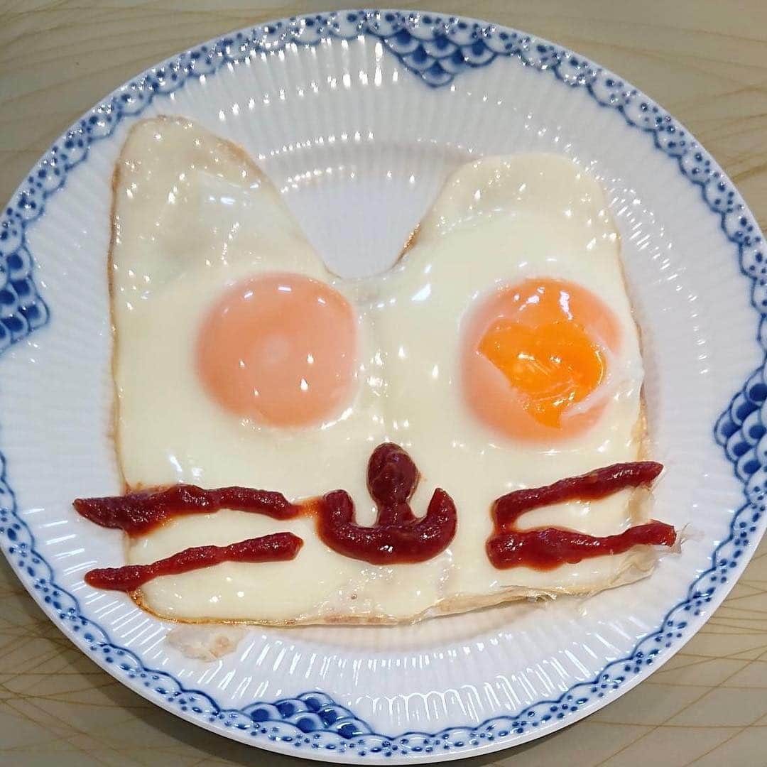 大地真央さんのインスタグラム写真 - (大地真央Instagram)「今朝☀偶然できた！ ・猫😺な目玉焼き🍳‼ ケチャップ🍅で可愛い😸に…(=^x^=) おととい出来たのは ・ちょっとハート♥️な変顔( ^ω^ ) しばしのほっこり朝食タイム♪  それでは今日もお稽古頑張ってきます👊 行ってきまーす✌️ #目玉焼きオリジナルアート 🎨 #朝食 ☀ #目玉焼き🍳 #ノンオイル #卵 🥚×２ #中村農場 #猫 😸 #変顔 #クイーンエリザベス 👑  #お稽古中 #大地真央　撮影📱 #MAODAICHI @maodaichi_official_goods」4月23日 12時46分 - daichimao_official