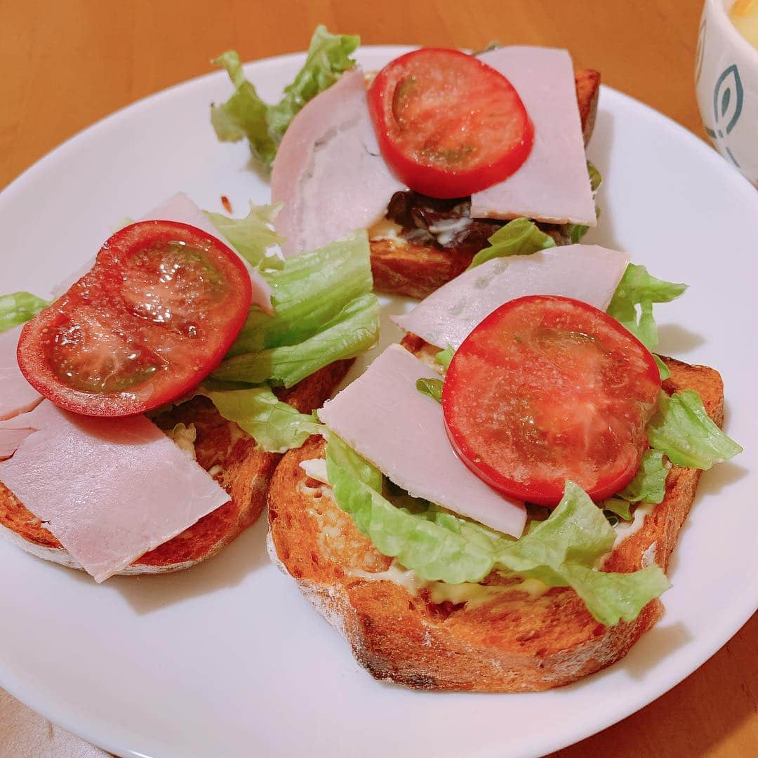 野間美由紀のインスタグラム：「雑なオープンサンド作った。パンは昨日沢村で買ったポモドーロ（トマトのパン）。 マヨネーズとクリームチーズを薄く塗ってあります。」