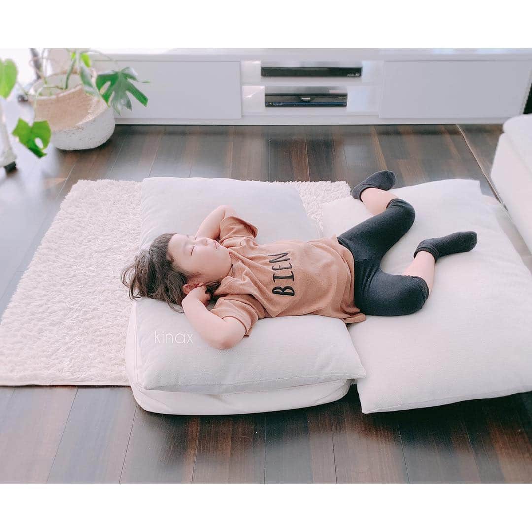 kinaxのインスタグラム：「. good afternoon(๑′ᴗ‵๑)☀in Japan, and good morning, good evening, good night for world friends! . 今日も暖かいねぇ☀️ . 朝から元気に遊んでいたむちこさんは 珍しくお昼寝をʕ •́؈•̀ ₎💤 . . 眠そうにしていたので寝室に連れて行こうとしたら 自分で即席ベッドを作りだして そのまま電池切れしたよʕ •́؈•̀ ₎笑 . まだまだクッションで足りるサイズなんだねぇ♡ . ぷぷぷ♡ . . そういえばちびっこ姉さんの薄手な長袖と Ｔシャツを洗い直したのだけど ここ1年でぐんぐん伸びたから だいぶ買い直さないとなぁ…(´Д` ) . . 2人とも牛乳をよく飲むんだけど 1日1本ペースでなくなるこの頃(´Д` ) . 低脂肪のやつと、コーヒー用に濃厚牛乳を買うのだけど やっぱり濃厚牛乳の方が美味しいよねー笑 . 低脂肪が切れるとコーヒー用の牛乳まで飲むので コーヒー淹れようとしたら既になかったりして ひぃーってなるよ笑 . . そんな訳で牛乳がなくなるので買いに行きたいのだけど むちこさん起きないかなぁ…ʕ •́؈•̀ ₎ . . みんなも楽しい1日を♡ . #親バカ部 #久しぶり の #お昼寝 #牛乳代がすごい #あとマミーも好き #多めに買うと遠慮なくグビグビ飲むからやっぱりすぐなくなる 2019/04/23」