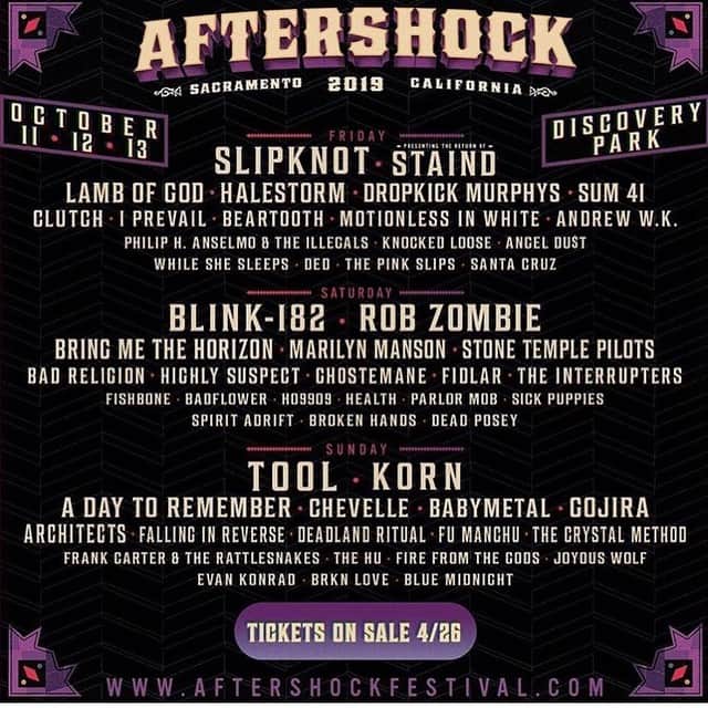 ロブ・ゾンビのインスタグラム：「Sacramento! Saturday! October 12th ! Aftershock ! Be there! #aftershockfestival #robzombie #marilynmanson #blink182 #stonetemplepilots」