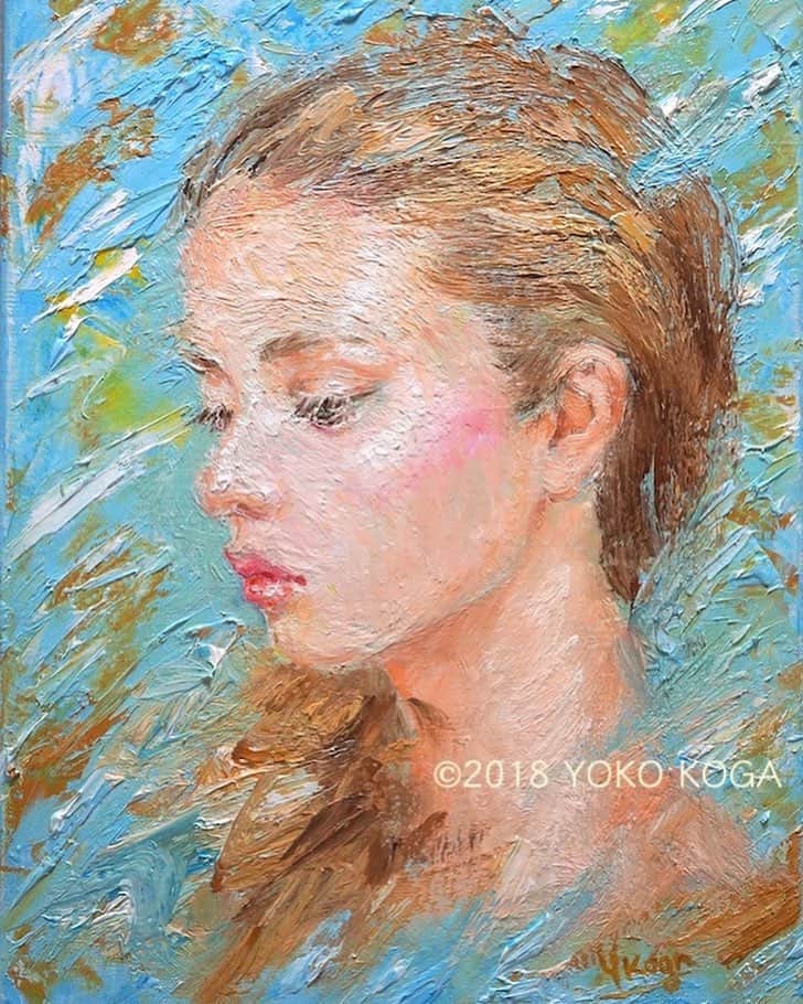 古賀陽子のインスタグラム：「“The Wind” 2018, oil on canvas, 33.4cm×24.3cm "風" F4号  __________ 🔜 個展: 5月29日(水)〜6月4日(火) @大丸心斎橋店 北館12F 美術画廊  #人物画 #肖像画 #portrait #アート #絵 #gallery #ギャラリー #画家 #artist #painter #portraitartist #painting #art #artwork #油絵 #oilpainting #artstagram #artistoninstagram #instapainting #instajapan #instaart #instaartist #古賀陽子 #yokokoga #exhibition #exhibit #大阪 #個展 #アート好きな人と繋がりたい #ギャラリー巡り」