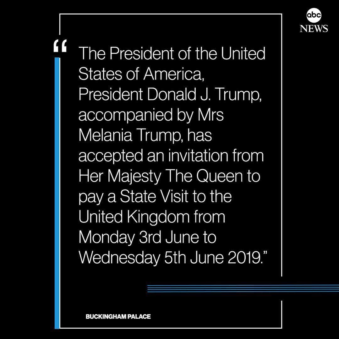 ABC Newsさんのインスタグラム写真 - (ABC NewsInstagram)「NEW: Pres. Trump accepts invitation from Queen Elizabeth to pay state visit to the U.K. in June, Buckingham Palace announces. #presidenttrump #queenelizabeth」4月23日 21時39分 - abcnews