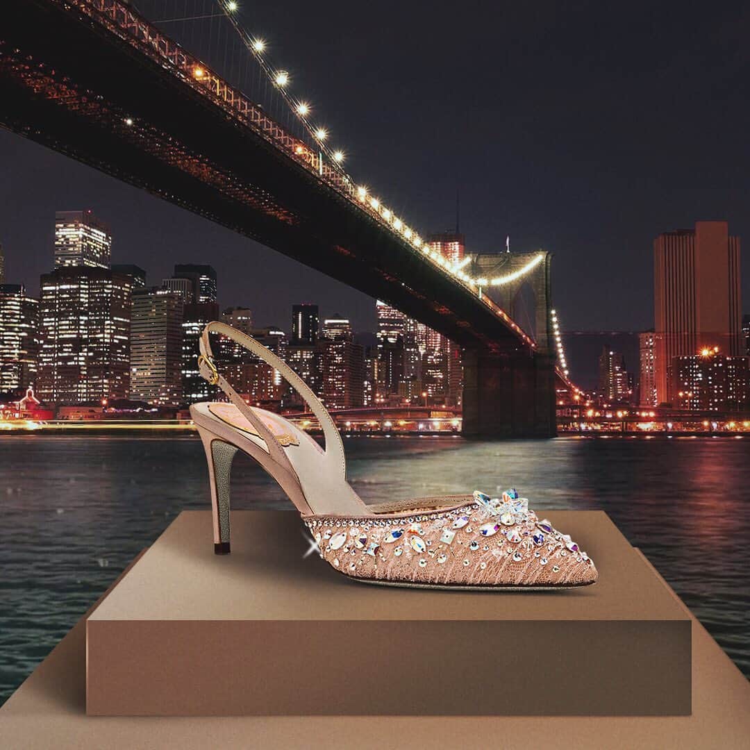 のインスタグラム：「#HeelsAndTheCity . Even the nights are better - #CaovillaKRISTELLA Sling 75mm, the darker the night, the brighter she is . Int’l complimentary shipping with T&D inclusive #ReneCaovilla . . . . . . #CityVibes #NYC #CrystalHeels #NYCWedding #WeddingShoes #NightSky」