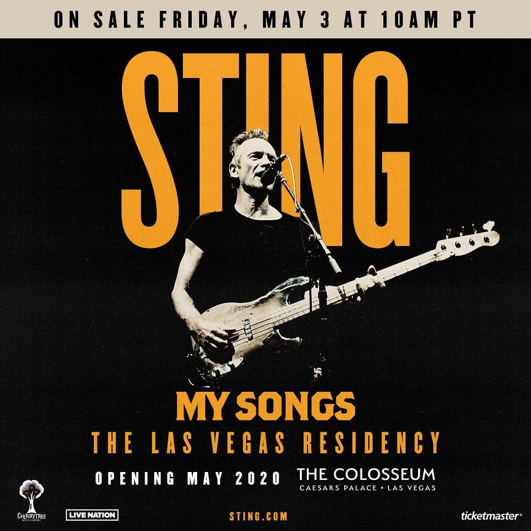 スティングさんのインスタグラム写真 - (スティングInstagram)「I’m thrilled to announce that my brand new Las Vegas residency “Sting: My Songs” will be opening at the legendary Caesars Colosseum in May of 2020! Sting.com member presales begins tomorrow, 4/24 at 10am PT and Citi presale starts Mon, 4/29 at 10am PT before the general on sale Fri, 5/3 at 10am PT. For all dates, VIP info and ticket options, visit Sting.com!」4月24日 21時48分 - theofficialsting