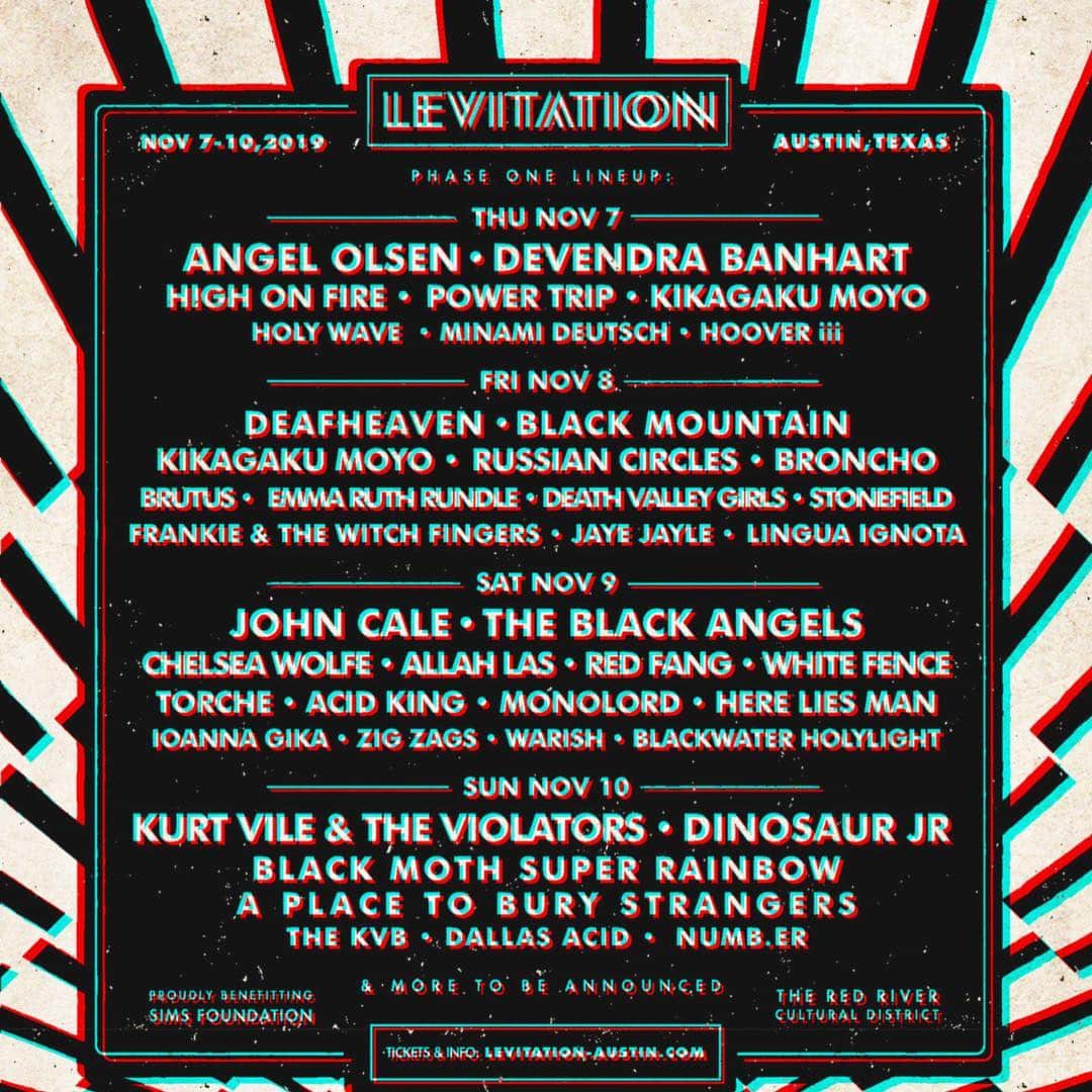 A Place to Bury Strangersのインスタグラム：「So excited to be part of @levitation in Austin this year on Sunday November 10 with @kurtvile & @dinosaurjr & @blackmothsuperrainbow & @numb.er & @thekvb & @dallasacid  Plus @theblackangels @deafhavenband @blackmountainarmy @angeloslenmusic @devendrabanhart @highonfireband @chelsewolfe @allahlas @white_fence_official & more!  The LEVITATION 2019 Phase One lineup has been released! Tickets for 14 shows across the weekend are on sale now, along with 4 DAY PASSES! Tickets & info here: bit.ly/Levitation2019  See you NOV 7-10 in Austin, Texas!  For the full schedule of shows and more info visit: levitation-austin.com  #aplacetoburystrangers #levitation #aptbs #Austin #psychfest #dinosaurjr #blackmothsuperrainbow #kurtvile #numb.er #festival #awesomelineup #theblackangels #deafhaven #chelseawolfe #allahlas #highonfire #devendrabanhart #angelolsen #blackmountain #levitation2019 #zazzy」