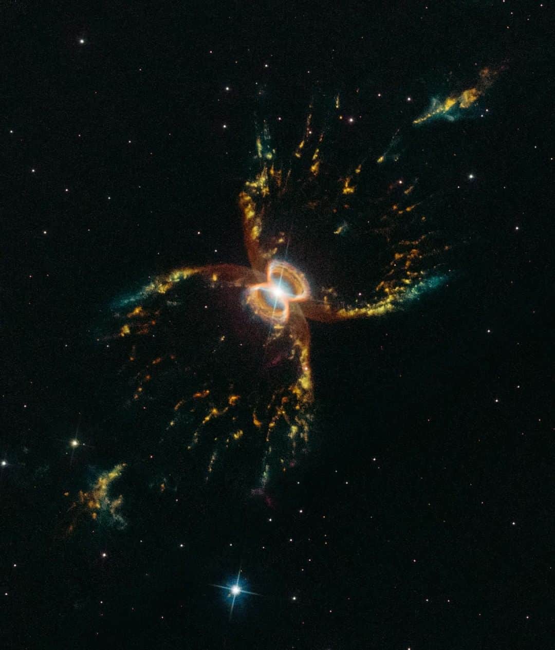 NASAさんのインスタグラム写真 - (NASAInstagram)「We're celebrating 29 years since the launch of the @NASAHubble Space Telescope with a new look at the Southern Crab Nebula! See the nebula's hourglass structure ⏳, with bright edges like crab legs 🦀 ? The nebula is located several thousand light-years from Earth and appears to have two nested hourglass-shaped structures that were sculpted by a whirling pair of stars in a binary system. The duo consists of an aging red giant star and a burned-out star, a white dwarf. The red giant is shedding its outer layers. Some of this ejected material is attracted by the gravity of the companion white dwarf. The result is that both stars are embedded in a flat disk of gas stretching between them. This belt of material constricts the outflow of gas so that it only speeds away above and below the disk, forming what looks like an hourglass-shaped nebula.  Credit: NASA/ESA/STScI #Hubble #29 #Crab #nebula #space #NASA #stars」4月25日 0時59分 - nasa