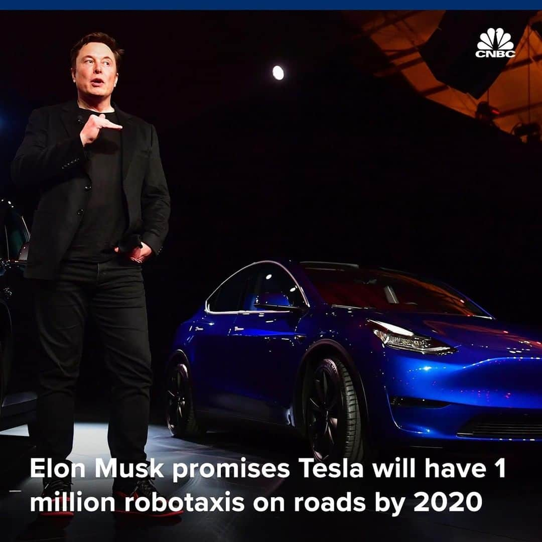 CNBCさんのインスタグラム写真 - (CNBCInstagram)「Key points:⁣ ⁣ ▪️Tesla CEO Elon Musk said the company will have over 1 million robotaxis on the roads in 2020, but warned investors that sometimes he’s “not on time.”⁣ ⁣ ▪️All Tesla cars being produced today have the hardware on board that’s required for full self-driving capabilities, Musk said. He promised that “all you need to do is improve the software.”⁣ ⁣ ▪️He also predicted that in two years, Tesla will be making cars with no steering wheels or pedals.⁣ ⁣ To read more about Tesla’s robotaxi plans, visit the link in bio.⁣ *⁣ *⁣ *⁣ *⁣ *⁣ *⁣ *⁣ *⁣ #tesla #innovation #future #futurism #cars #ev #electricvehicles #electriccar #elonmusk #musk #business #businessnews #cnbc⁣」4月25日 6時03分 - cnbc