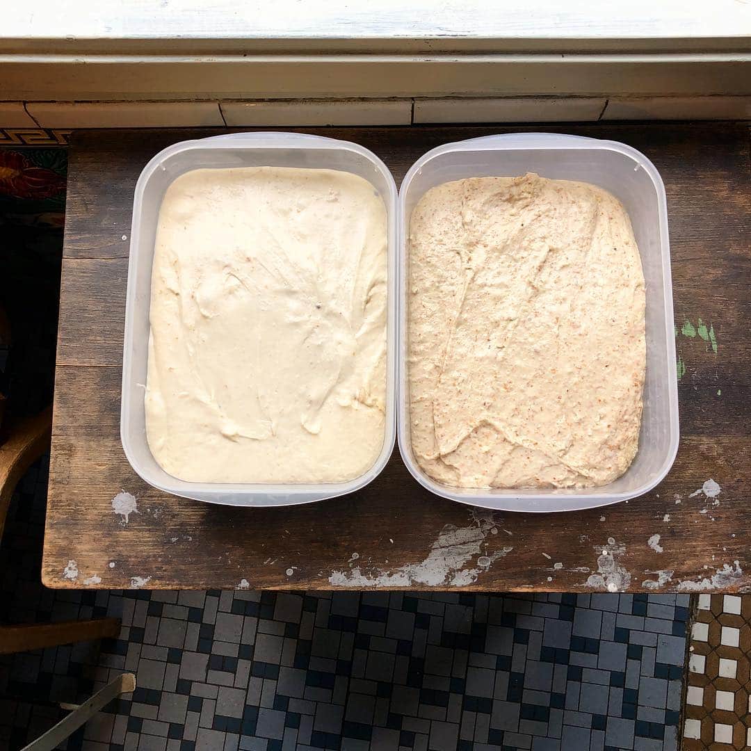 CHIPPRUSONのインスタグラム：「通販用にカオリのパンをリベンジ中🍞ザラッとした全粒粉とアーモンドのフォカッチャ生地と、粉以外の配合は似ているけれど、全く違うパンとなります🎵共に、粉に対して90%以上の水分を入れた高加水生地になりますが、製法や乳酸菌など色々駆使してスライムのような弾力に🙆‍♀️黒い粒々は甘みに加えている雑穀甘酒のもの🎵」