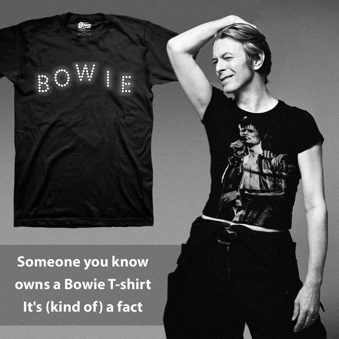 デヴィッド・ボウイさんのインスタグラム写真 - (デヴィッド・ボウイInstagram)「THE WORLD IS WEARING DAVID BOWIE “And so the story goes they wore the clothes...” There’s a great piece by Susannah Cohen over on okwhatever.org titled: The Enduring Appeal of David Bowie Merch. The article also makes the observation that “Someone you know owns a Bowie T-shirt. It's (kind of) a fact.” (http://smarturl.it/OKWhateverDBmerch) Here are a couple of edited excerpts from it: + - + - + - + - + - + - + - + - + - + - + - + - + - + - +  Everything looks better with David Bowie’s face on it. And a lot of people know this. Lady Gaga knew it when she rejoiced over A Star Is Born’s BAFTA win, posting a video to Twitter dressed in nothing but an oversized T-shirt that said “Bowie.” Man Booker Prize-winning author Marlon James knows it, too. He’s been rocking a Bowie tee — a black, long-sleeved one celebrating his Let’s Dance era — in publicity shots for his latest novel, Black Leopard, Red Wolf. And sneaker brand Vans knew it when they launched a limited edition collection based on four different Bowie albums in April. + - + - + - + - + - + - + - + - + - + - + - + - + - + - +  Norman Perry is the president of Perryscope Productions, a licensing and merchandising company that represents David Bowie in partnership with Epic Rights. He believes that Bowie’s personal style has a lot to do with his impact on fashion. “I have four clients [Bowie, Janis Joplin, Miles Davis and Jimi Hendrix] that were fashion forward, and they each looked different on every album cover, every tour, there's a handful of people where clothes were a really significant part of their persona and their aura, and in the case of David Bowie, he was not a predictable man.” + - + - + - + - + - + - + - + - + - + - + - + - + - + - +  FOOTNOTE: Our montage shows David Bowie in 2002 sporting a 1973 live T-shirt. The picture was taken by director/photographer duo Inez van Lamsweerde and Vinoodh Matadin. The T-shirt on the left is the latest addition to the Official Bowie Store: BOWIE light bulb logo T-shirts which glow in the dark! Pre-order here: http://hyperurl.co/1zcgtz (Temp link on main page)  #BowieMerch  #BowieStore」4月25日 11時37分 - davidbowie