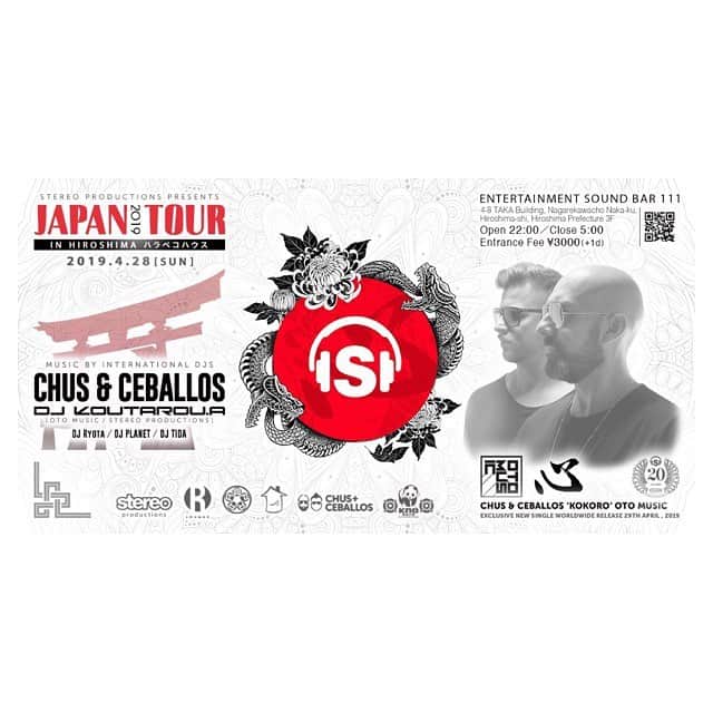 DJPLANET_JPのインスタグラム：「🎉🎉🎉. 次の日曜日4/28は HOUSEのBIG PARTYにてDJです🎧 . スペインより “CHUS & CEBALLOS”が登場‼️ 滅多に体感出来ないBIG GUESTなので 是非遊びに来てください🙌🏻 . . 2019.4.28(Sun) STEREO PRODUCTIONS JAPAN TOUR 2019  In Hiroshima ハラペコハウス＠ENTERTAINMENT SOUND BAR 111 Chus & Ceballos present exclusive new Single ‘Kokoro’ on OTO MUSIC, 29th April worldwide release TOTAL INFO:INFO@OTOMUSIC.JP . . STEREO PRODUCTIONSでおなじみのCHUS & CEBALLOSが、遂に広島へNew TRACK『心』を持って出演決定! “CHUS & CEBALLOS” とは、STEREO PRODUCTIONSの主催者であり間違いなくスペインを代表する最もプロフェッショナルなDjs / Producersである。マドンナを筆頭に、世界的有名アーティストの公式リミックスなどを多く手がけ、その優れた作品は世界中で絶賛されている。HouseとTechnoを融合させた完璧なハーモニーと、驚異的でパーカッシブなビートを特徴とした彼らのプレイは、巨大フェスから小規模クラブまでその規模を問わず、“LIVE オーディエンス” を満足させ続け10年以上に渡り「Iberican Sound」として知られ、彼らはアンダーグラウンドミュージックのパイオニアとして君臨し続けている。PACHA・ニューヨーク、Space・マイアミ、Stereo・モントリオール、ageHa・東京など世界でもっとも評価の高い数々のクラブでレジデンシーを持ち、昨年だけでもMTVをはじめ、Pachaテレビ、Maxima FM、Loca FM、El Mundo、ElPaís... など数多くのメディアに登場し.edcやtomorrowlandでも人気を印象付けた。長年の経験から、あらゆる年齢層の人々を巻き込んだ非常に多様なソーシャルファンの基盤を作ってきた事が彼ら2人の強さの秘訣かもしれない。 この歴史的なツアーで、CHUS & CEBALLOSの紡ぐサウンドに包まれ体感して欲しい。 . . 2019.4.28(Sun) STEREO PRODUCTIONS JAPAN TOUR 2019  In Hiroshima ハラペコハウス＠ENTERTAINMENT SOUND BAR 111 open23:00 Close6:00 Entrance fee 3000yen(+1d) SPECIAL GUEST : CHUS & CEBALLOS DJs : DJ KOUTAROU.A /DJ Ryota/DJ TIDA/DJ PLANET PA hazime.kumayama ( 熊猫音響)」