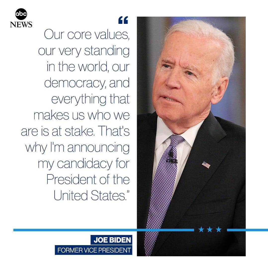 ABC Newsさんのインスタグラム写真 - (ABC NewsInstagram)「"Our core values, our very standing in the world, our democracy, and everything that makes us who we are is at stake." Former Vice Pres. Joe Biden formally announces that he's running for president in 2020. #joebiden #politics #democrats #2020」4月25日 19時40分 - abcnews