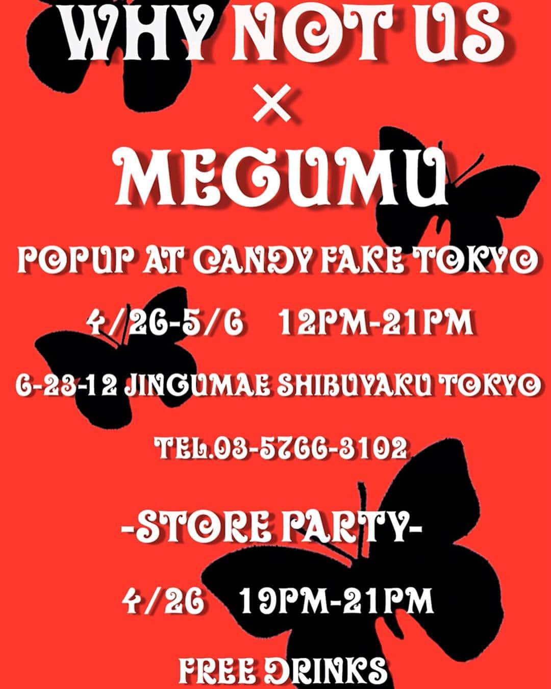 Megumuさんのインスタグラム写真 - (MegumuInstagram)「遂に!!!!!!明日から @candy_faketokyo で @wwwhynotus ×Megumu Ss’19コレクションが発売されます😭💕 洋服のデザイン、ディレクション、Lookなどすべて手掛けさせて頂きました🦋こんな貴重な経験をさせてくれたwhy not usの2人には感謝の気持ちで一杯です！ Popupでは写真の展示、初日19時からはフリードリンクを配って誰でも入場可能のストアパーティ🍸✨ 22時からは場所を変えて渋谷のトランプルームというクラブでアフターパーティを行います！1AMからは Andromeda @yumeboi によるDRAG SHOWも🏳️‍🌈🏳️‍🌈 (After partyは20歳未満お断りしております) 不安と緊張でいっぱいですが、それと同時にすごく明日が楽しみです🥰 みなさん会いに来てくれたら本当にうれしいです🥺笑 お待ちしております❤︎❤︎❤︎ . . -POPUP- Candy Fake Tokyo @candy_faketokyo  4/26-5/6  12:00-21:00 東京都渋谷区神宮前6-23-12 2F . . -STORE PARTY- Candy Fake Tokyo  4/26 19:00-21:00 FREE DRINKS . . -AFTER PARTY- TRUMPROOM  Entrance:1000yen 4/26 22:00-LATE  東京都渋谷区神南1-12-14 -DJ- SAKI SUKI SAKE/The Antoinettes / Dick Owens/A-Fox -Drag Performance- Andromeda  Special thanks to @cailinhillaraki for photography, models @virgin_shen  @rinahagai , hair makeup by @akiz_akiz  @umeboooy 🦋」4月25日 21時40分 - megumu_offi