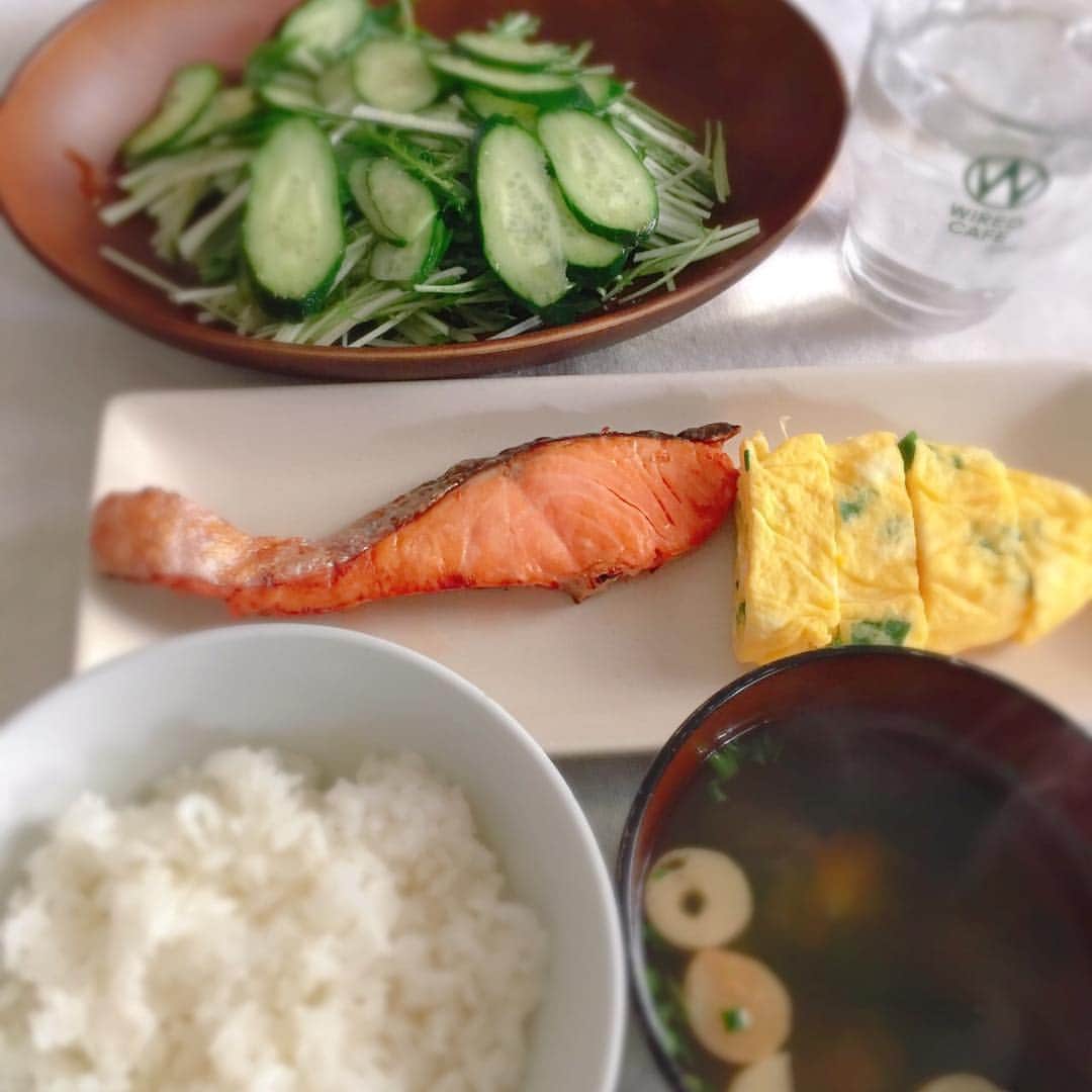 山西章博さんのインスタグラム写真 - (山西章博Instagram)「今日のご飯。the朝飯なのさ！ #朝ごはん  #鮭の塩焼き  #ネギ入り出汁巻  #水菜ときゅうりのサラダ  #味噌汁  #インスタント #初心者主夫」4月26日 11時23分 - akihiro.yama1129