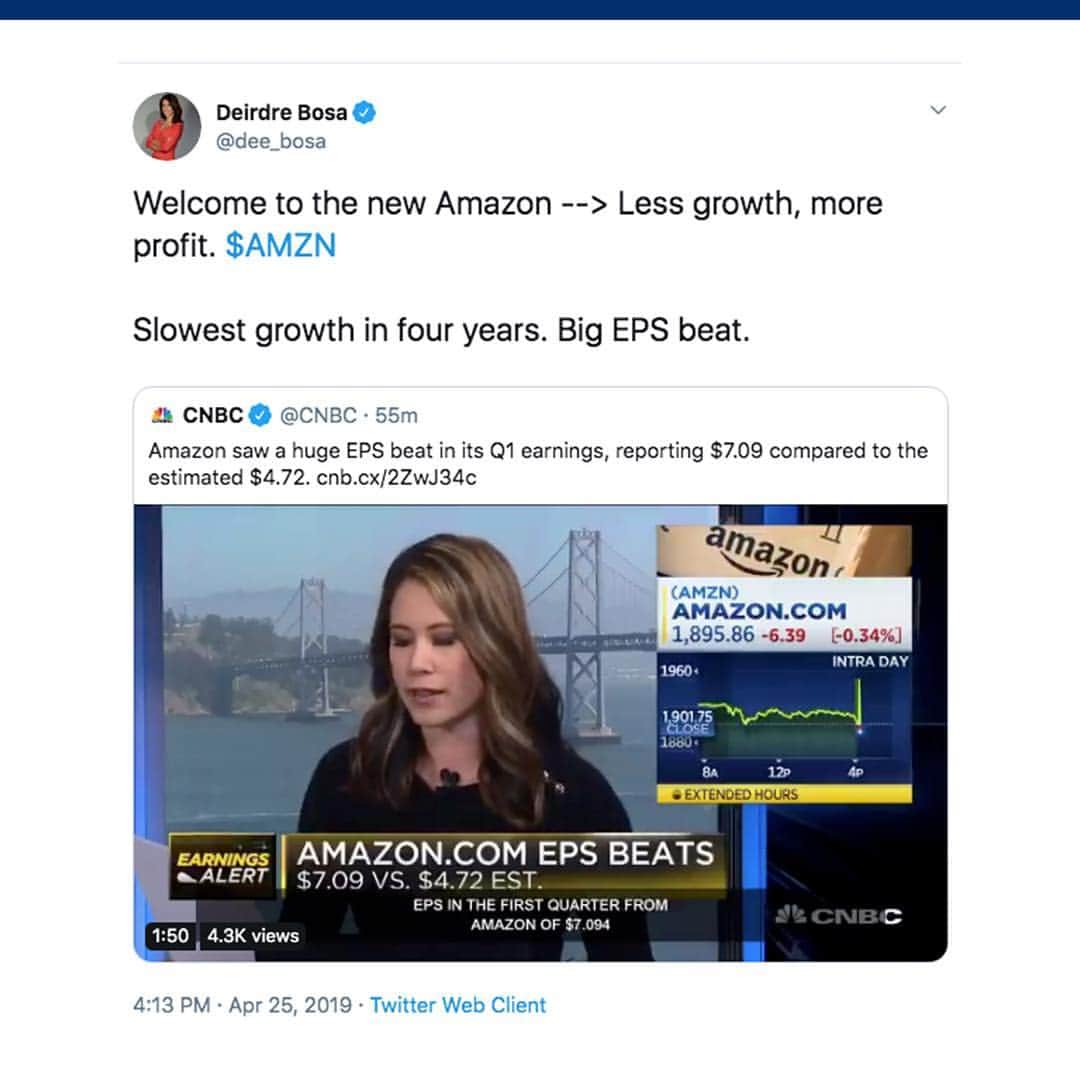 CNBCさんのインスタグラム写真 - (CNBCInstagram)「Amazon reported first-quarter earnings on Thursday that reflected an ongoing change at the company: less growth but fatter profit margins. ⁣⠀ ⁣⠀ Despite the huge beat in earnings, Amazon stock is essentially unchanged in after hours trading.⁣⠀ ⁣⠀ For a breakdown of earnings by the numbers, please visit the link in our bio.⁣⠀ *⁣⠀ *⁣⠀ *⁣⠀ *⁣⠀ *⁣⠀ *⁣⠀ *⁣⠀ #jeffbezos #amazon #amzn #aws #stockmarket #stocks #dollar #USD #business #marketdata #data #investing #portfolio #tradertalk #money #trading #wealth #wallstreet #wallst #businessnews #CNBC⁣⠀」4月26日 6時09分 - cnbc