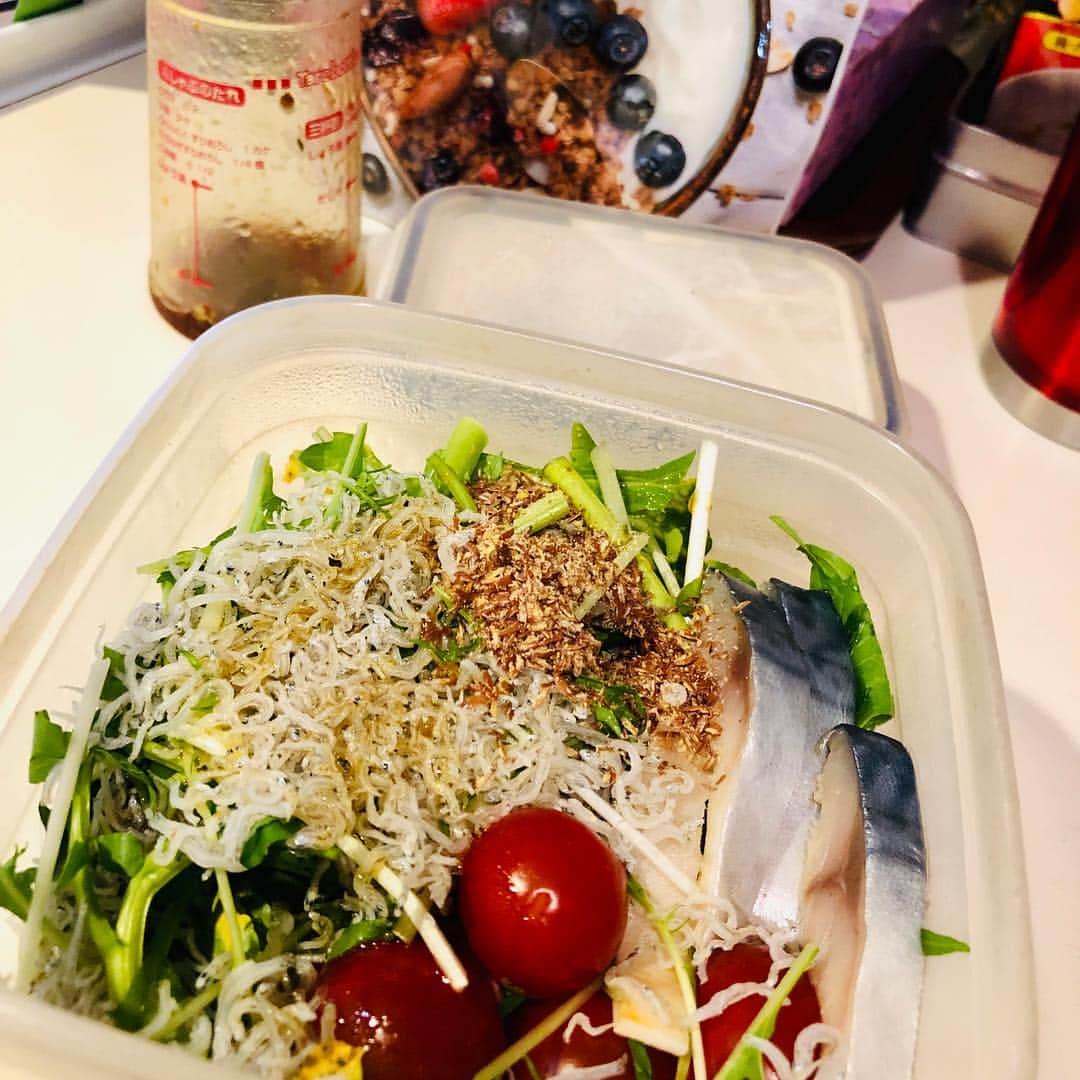 黒田愛美さんのインスタグラム写真 - (黒田愛美Instagram)「#ヘルシー弁当 ・クレソンと鯖とシラスのサラダ🥗 フラックスシードがけ。 亜麻仁油ドレッシング ・自家製豆乳ヨーグルト🥣 チアシードとアプリコットとグルテンフリーグラノーラで❤️ #私達は食べてるものでできている  #私達は食べてるもので生きている  #中からと外からの美と健康 #美容アンチエイジング専門医 #黒田愛美」4月26日 15時34分 - kurodaaimi
