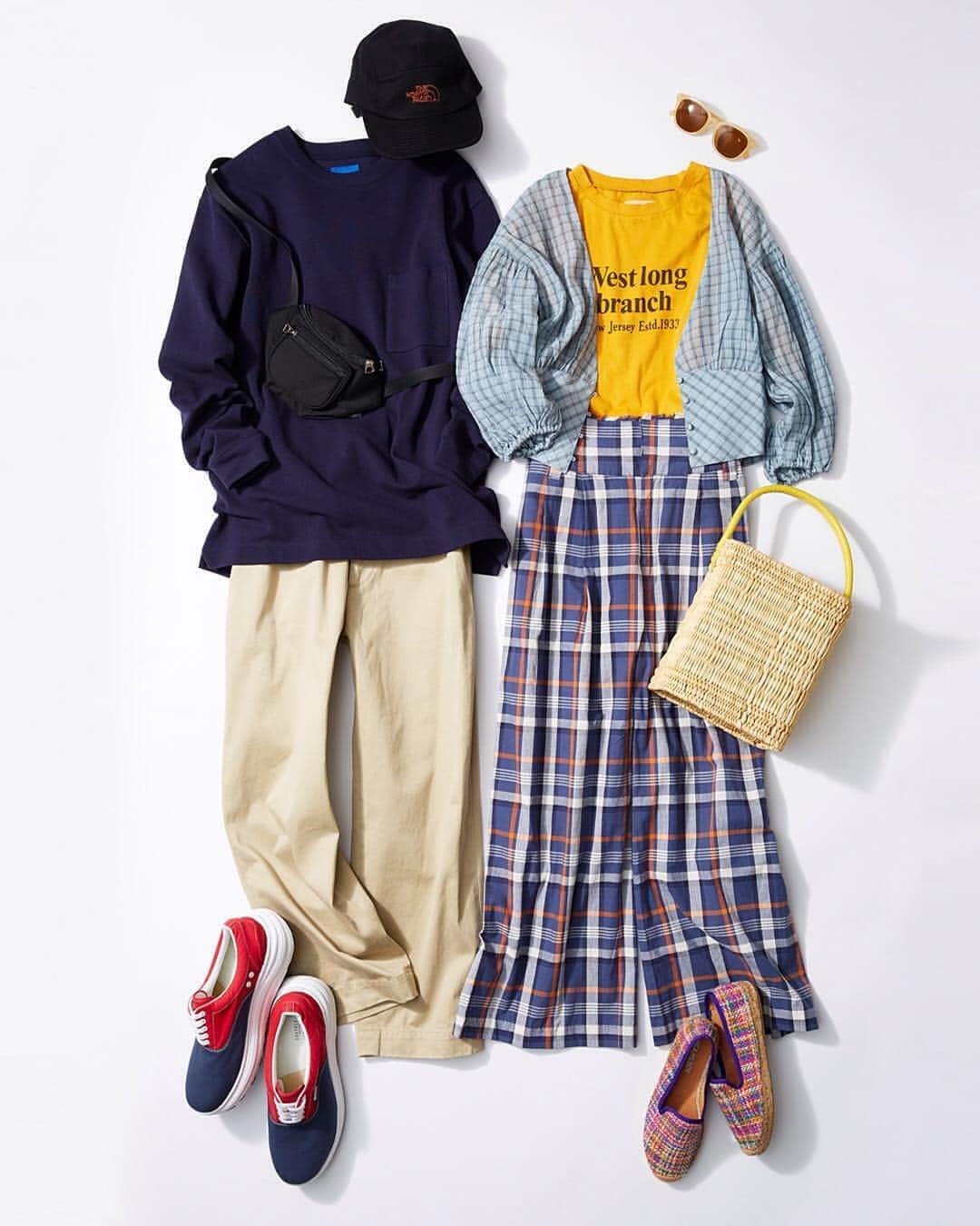 ルミネ公式のインスタグラム：「チェックの色を拾って大人のリンクコーデ ［レディース］ #ブラウス ¥5,900+TAX #kbf #Tシャツ ¥3,900+TAX #Ungrid #パンツ ¥7,400+TAX #kbf #バスケット ¥3,800+TAX #lemagasin #サングラス ¥2,500+TAX #lemagasin #スリッポン ¥12,000+TAX #beams ［メンズ］ #トップス ¥6,200+TAX #パンツ ¥10,000+TAX #キャップ ¥6,900+TAX #バッグ ¥9,200+TAX #スニーカー ¥17,000+TAX 上記全て #beams ・ #lumine #ルミネ #ルミネエスト新宿 http://magazine.lumine.ne.jp/?p=81564 ※商品の価格や取り扱い状況は撮影時点のもので、変更になることがあります。」