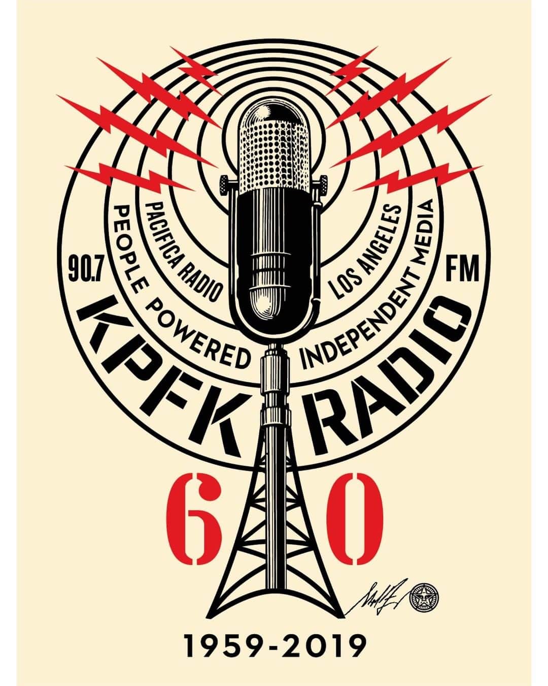 Shepard Faireyさんのインスタグラム写真 - (Shepard FaireyInstagram)「I was asked to create a 60th anniversary logo for @KPFK, an independent radio station powered by the people! Limited editions of this print (numbered and signed by me) will be available on their website: kpfk.org (not available on obeygiant.com). I was also invited to speak on their show which airs today, April 26th from 7-8pm PDT. You can listen online from anywhere in the world! Tune in through the link in bio.」4月27日 5時05分 - obeygiant