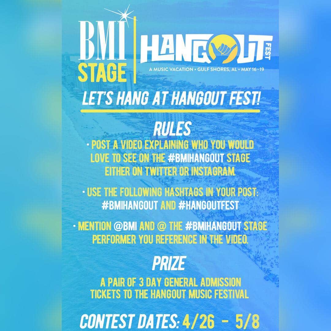 Broadcast Music, Inc.さんのインスタグラム写真 - (Broadcast Music, Inc.Instagram)「Let’s Hang at Hangout Fest! 🤙  Show us how much you want to hang with BMI at this year’s Hangout Music Festival by posting a video of who you are most excited to see on our #BMIHangout Stage. Tag #BMIHangout, #HangoutFest and @ the performer you want to see for a chance to win a pair of 3 – Day GA Tickets to the Hangout Music Festival.  Rules Post a video explaining who you would LOVE to see on the #BMIHangout stage either on Twitter or Instagram.  Use the following hashtags in your post: #BMIHangout and #HangoutFest  Mention @BMI and @ the #BMIHangout Stage performer you reference in the video.  Dates 4/26-5/8  Prize A pair of 3 Day General Admission Tickets to the Hangout Music Festival」4月27日 6時12分 - bmi