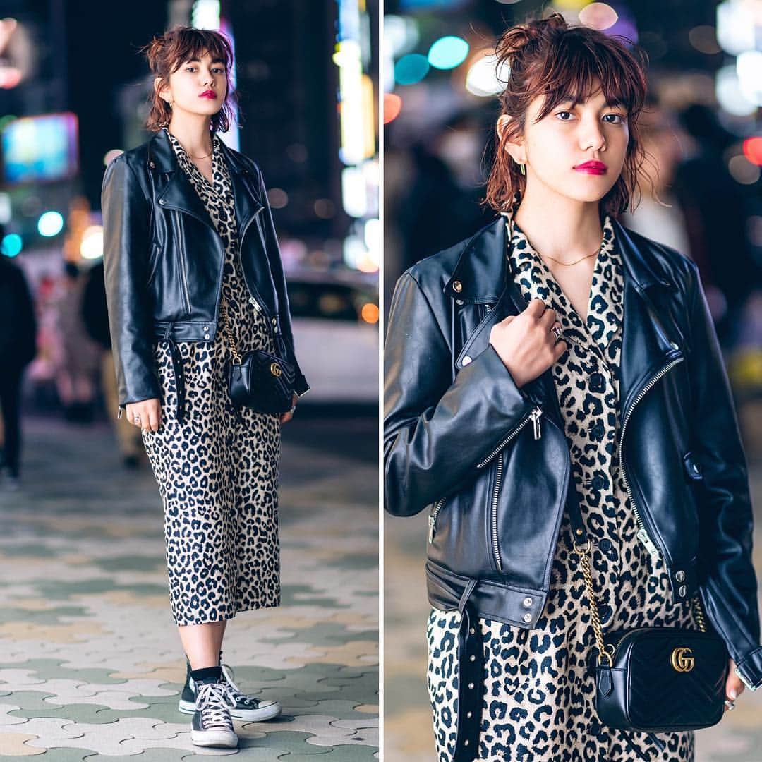 Harajuku Japanさんのインスタグラム写真 - (Harajuku JapanInstagram)「Japanese model Reyla (@reyla_m25) - in her bio she says she is part Iranian - on the street in Harajuku wearing a Jouetie leather jacket over a leopard print dress from Moussy, a Gucci quilted bag, Amijed jewelry, and Converse sneakers.」4月27日 4時08分 - tokyofashion
