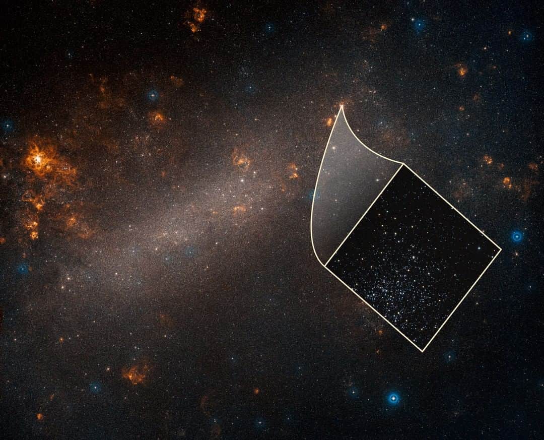 のインスタグラム：「The universe is getting bigger every second. The space between galaxies is stretching, like dough rising in the oven. But how fast is the universe expanding? As Hubble and other telescopes seek to answer this question, they have run into an intriguing difference between what scientists predict and what they observe.  This is a ground-based telescope's view of the Large Magellanic Cloud, a satellite galaxy of our Milky Way. The inset image, taken by the Hubble Space Telescope, reveals one of many star clusters scattered throughout the dwarf galaxy. The cluster members include a special class of pulsating star called a Cepheid variable, which brightens and dims at a predictable rate that corresponds to its intrinsic brightness. Once astronomers determine that value, they can measure the light from these stars to calculate an accurate distance to the galaxy. When the new Hubble observations are correlated with an independent distance measurement technique to the Large Magellanic Cloud (using straightforward trigonometry), the researchers were able to strengthen the foundation of the so-called "cosmic distance ladder." This "fine-tuning" has significantly improved the accuracy of the rate at which the universe is expanding, called the Hubble constant.  Credit: NASA, ESA, A. Riess (STScI/JHU) and Palomar Digitized Sky Survey」