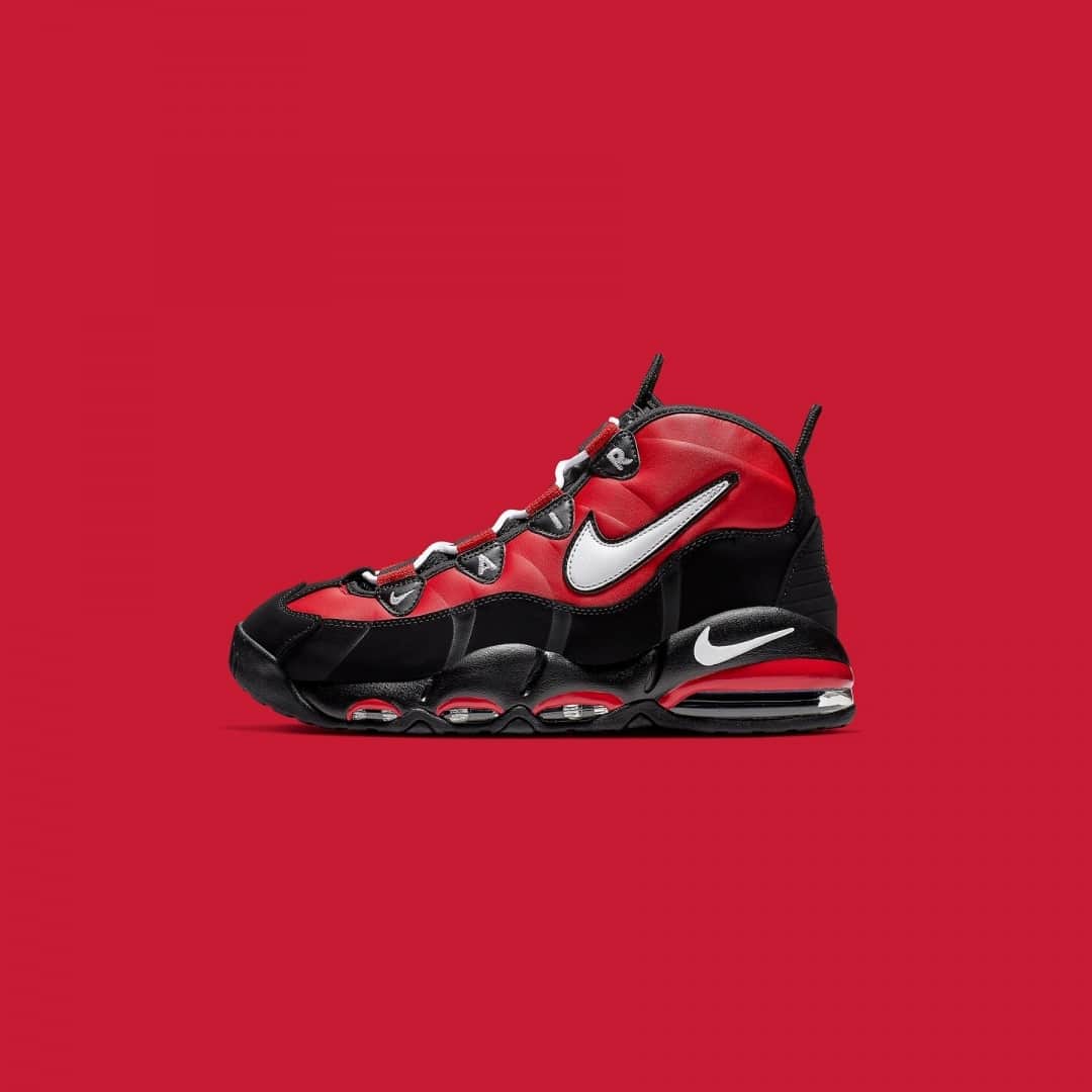 のインスタグラム：「Although the Chicago Bulls had many away uniforms throughout the decades, many of them were centered in a red base with black and white secondary accents. The same follows this new Uptempo 95 which sits atop full-length Air cushioning, ample Swoosh branding, and “AIR” written across the lace locks. Look for this "Away" Nike Air Max Uptempo 95 later this summer.」