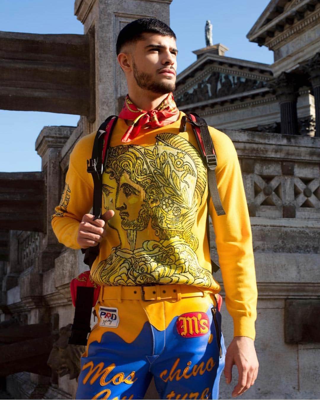 Moschinoさんのインスタグラム写真 - (MoschinoInstagram)「#Repost @_manabouttownuk ・・・ ‘MOVING THROUGH HISTORY’ | #moschino @itsjeremyscott photographed by Marco Ovando. Man About Town: 2019, Chapter 1 is available to pre-order now from the link in our bio. Photography - @marco_ovando #marcoovando  Fashion - @carlynecerfdedudzeele Casting - @pg_dmcasting Model - @jaadbelgaid #jaadbelgaid  Special thanks to Istituto Luce – Cinecittà」4月27日 11時40分 - moschino