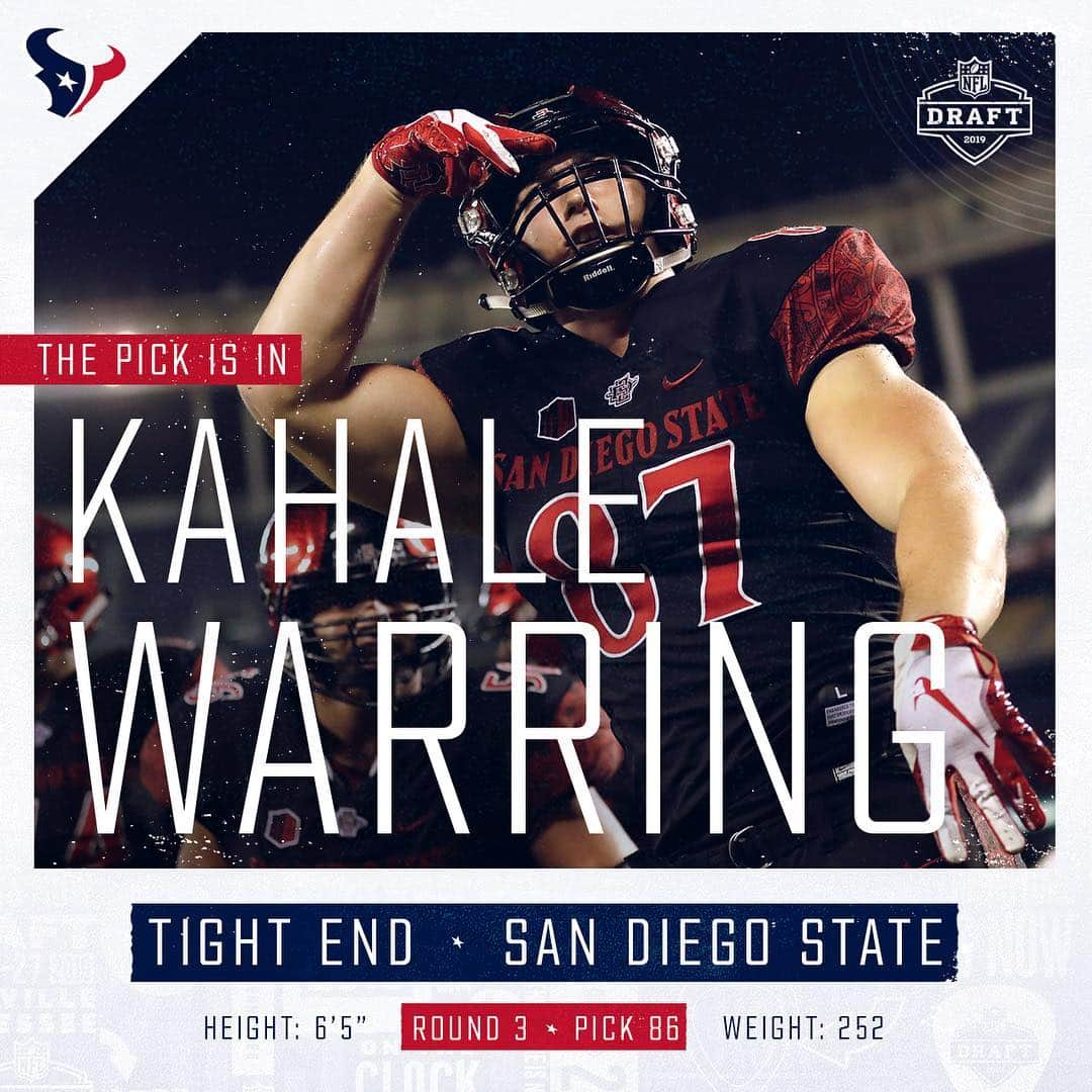 ヒューストン・テキサンズさんのインスタグラム写真 - (ヒューストン・テキサンズInstagram)「With the 86th pick in the 2019 #NFLDraft, the #Texans select San Diego State TE Kahale Warring. #TexansDraft #WeAreTexans」4月27日 11時58分 - houstontexans