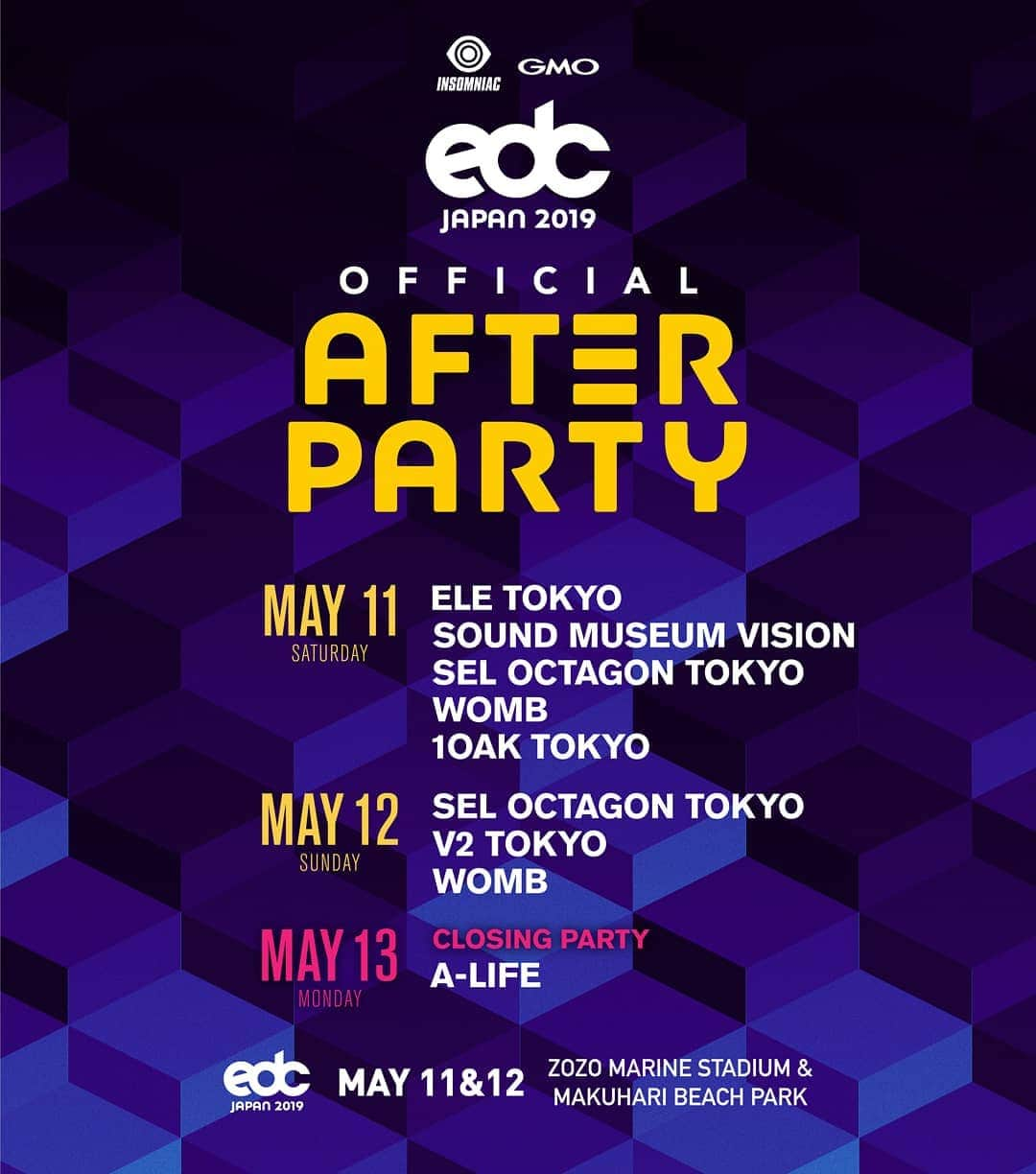 EDC Japanさんのインスタグラム写真 - (EDC JapanInstagram)「EDC Japan 2019 アフターパーティのスケジュールを発表いたします！フェスの後は都内各所のクラブで開催されるパーティーへ繰り出そう!  Check out all of our official after-parties to keep you going all night! #EDCJapan」4月27日 18時00分 - edc_japan