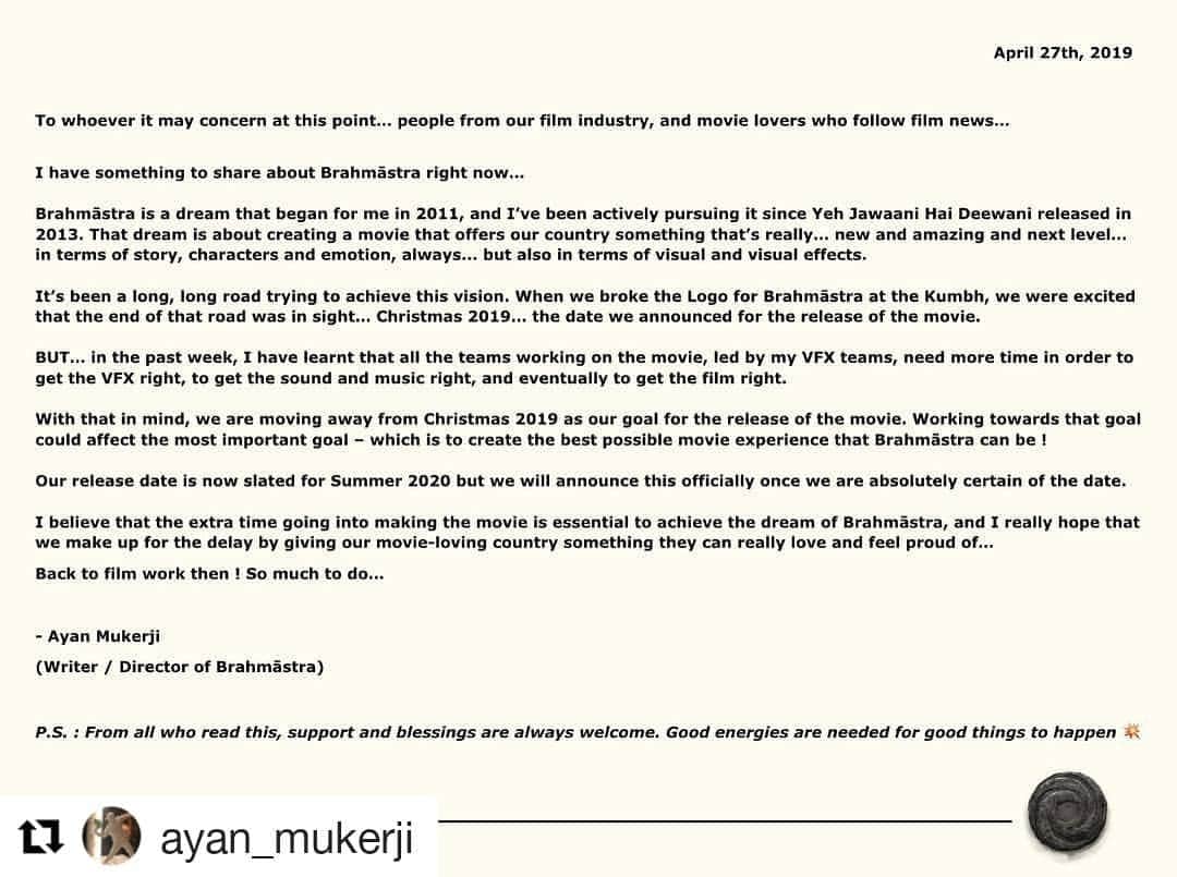 アリア・バットのインスタグラム：「Dreams come true when you work towards them patiently 💫 #Brahmastra releasing in summer 2020! #Repost @ayan_mukerji (@get_repost) ・・・ Release Date 💥 #Brahmastra」