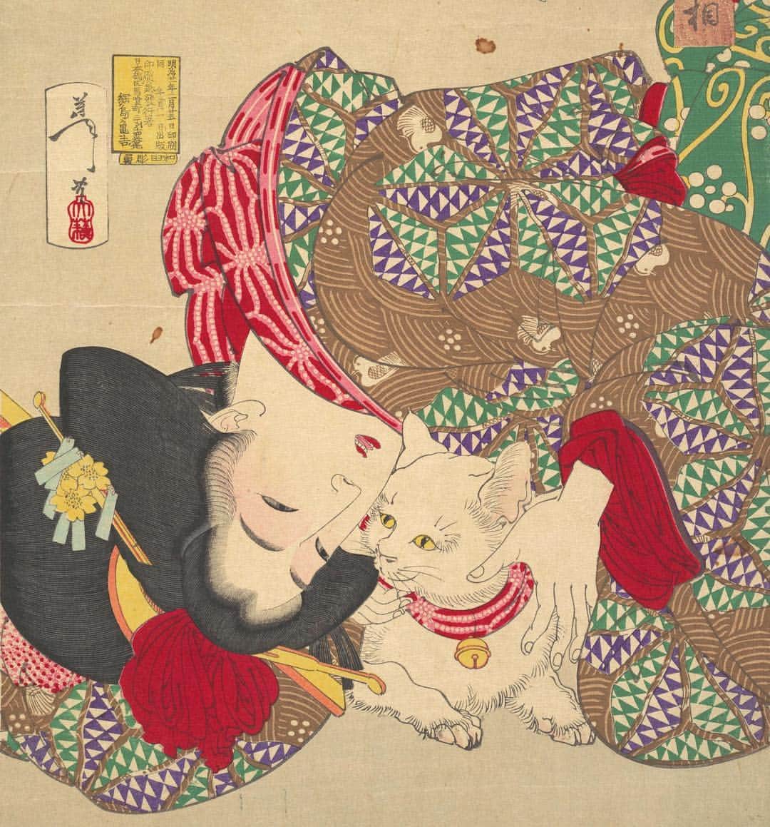 メトロポリタン美術館さんのインスタグラム写真 - (メトロポリタン美術館Instagram)「⁣Teasing the cat: a time-honored tradition. 🐈 #Caturday⠀⁣ ⠀⁣ This 1888 print, "Teasing the Cat," comes from a series by the woodblock print artist Tsukioka Yoshitoshi entitled Thirty-two Aspects of Women, in which each print shows a different personality type. This image depicts a young maiden (shojo) of the the Kansei period (1789-1801) who, according to the title, has an "annoying" disposition (urusa-sō), perhaps because she’s trying too hard to play with the cat—though the her feline friend doesn’t seem to mind. ⁣ ⠀⁣ 🎨 Tsukioka Yoshitoshi (Japanese, 1839–1892). Teasing the Cat, 1888. Meiji period (1868–1912). Polychrome woodblock print; ink and color on paper. #TheMet」4月27日 22時27分 - metmuseum
