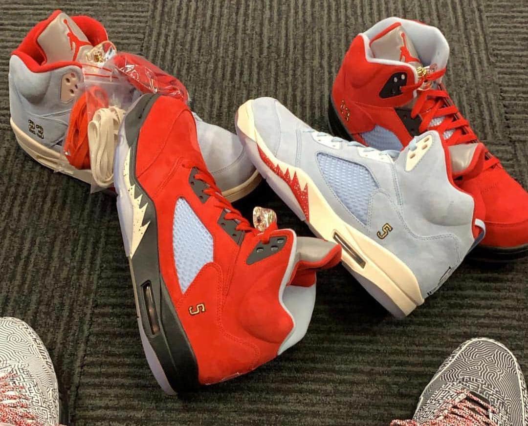 のインスタグラム：「@PJTucker never plays fair 😳 Thoughts on these @TrophyRoomStore Jordan 5s? Note: The red pair is a Friends & Family pair and the blue pair is a retail pair.」