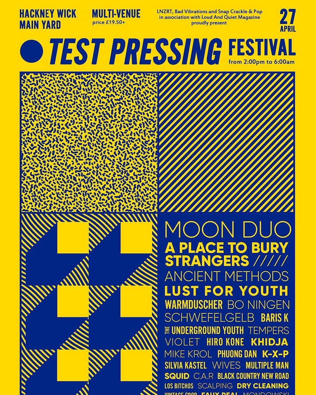 A Place to Bury Strangersのインスタグラム：「We are on at @testpressingfestival in 15 minutes at 19:00 in Studio 94 on Wallis Road in London with @moonduoband on after us. Plus @ancientmethods & #lustforyouth & @warmduscherr & @bo_ningen_band & @mikekrol & @squidbanduk & more  See you shortly!!@#@!#  #testpressingfestival #hackneywick#aptbs #aplacetoburystrangers#lustforyouth #moonduo #livemusic #festival」
