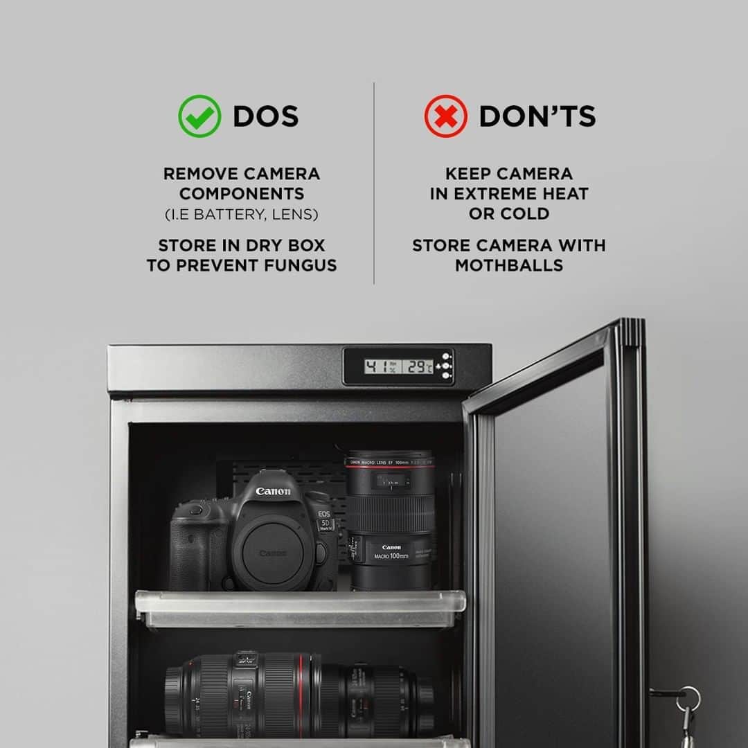 Canon Asiaのインスタグラム：「How do you store your camera and lenses when they are not in use? We share some dos & don'ts so that you can properly store your camera gear to extend their longevity! Share with us easy hacks on camera and lens storage in the comments below, we would love to hear them!😊 #canonasia #photography #drybox #cameralens #cameragear」