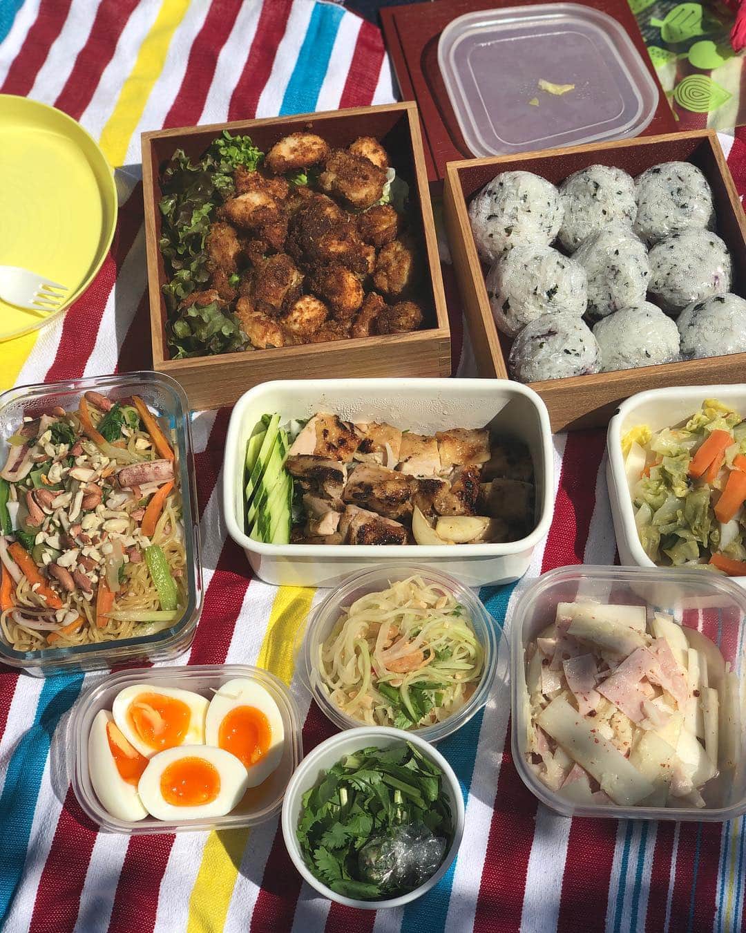 加藤紀子のインスタグラム：「今日は持ち寄りピクニック🍱 私は青パパイヤのソムタム（昨日のアーバンママレッスンの）、 ガイヤーン、パッタイ風焼きそば、ウドハムサラダ🥗 穏やかな気候、外で朗らかに食べるの大好き。  #持ち寄りピクニック」