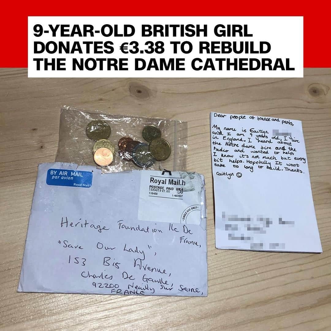 CNNさんのインスタグラム写真 - (CNNInstagram)「Almost $947 million has been donated to help rebuild Notre Dame after a fire tore through the Paris cathedral earlier this month – and about $4 of that came from Caitlyn Handley. The 9-year-old sent her donation by mail with a handwritten note to one of the French charities tasked with collecting donations. "I heard about the Notre Dame fire on the radio and wanted to help, I know it's not much, but every bit helps. Hopefully it won't take too long to build. Thanks, Caitlyn,” she wrote. (📸: Fondation du Patrimoine)」4月29日 3時00分 - cnn