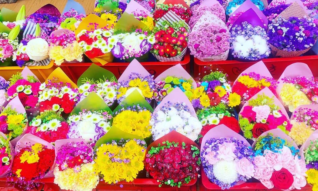 浜平恭子さんのインスタグラム写真 - (浜平恭子Instagram)「今日は韓国で旦那さんのご両親と一緒にお墓参りに行きました(๑′ᴗ‵๑) 墓地の入口に仏花のお店が並んでいるのですが、可愛らしい小さなブーケで色が鮮やかで、何とラメが振りかけられていてキラキラのお花もあった💐 日本のものと比べてかなりカラフルで華やかな印象✨ 韓国のお墓に初めて行きました。  #日韓夫婦 #日韓往復 #ラジオDJ #浜平恭子 #KissFMKOBE #한일커플 #한일부부 #한일왕복 #라디오DJ #하마히라쿄코 #韓国生活」5月28日 1時23分 - hamahi1231