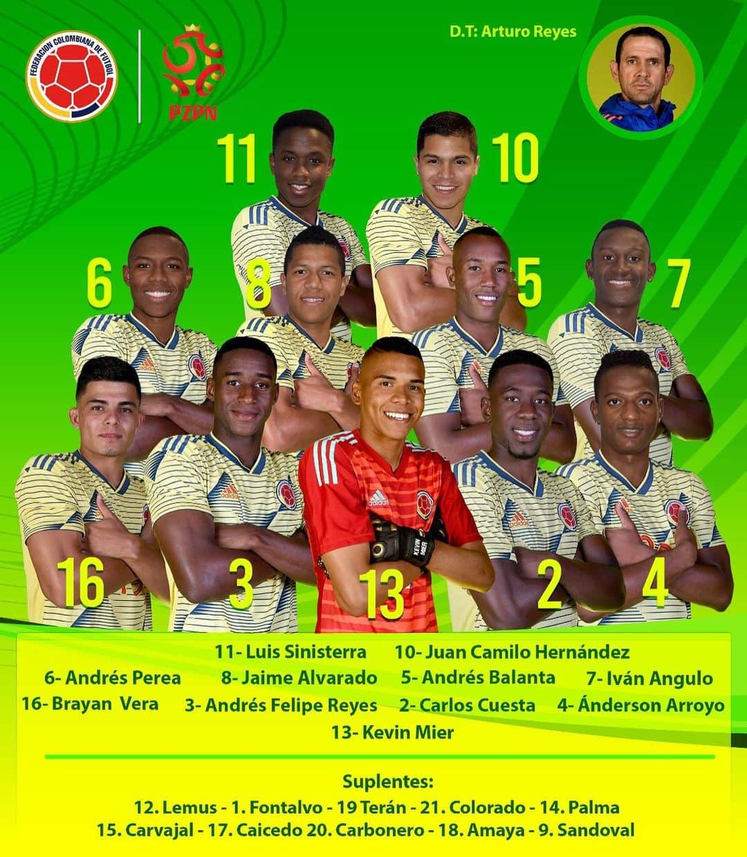 サッカー コロンビア代表チームのインスタグラム：「‪Así formaremos para nuestro debut frente a Polonia en la Copa Mundial de la FIFA Sub20. 🇨🇴 vs. 🇵🇱‬ ‪Transmite @golcaracol.」
