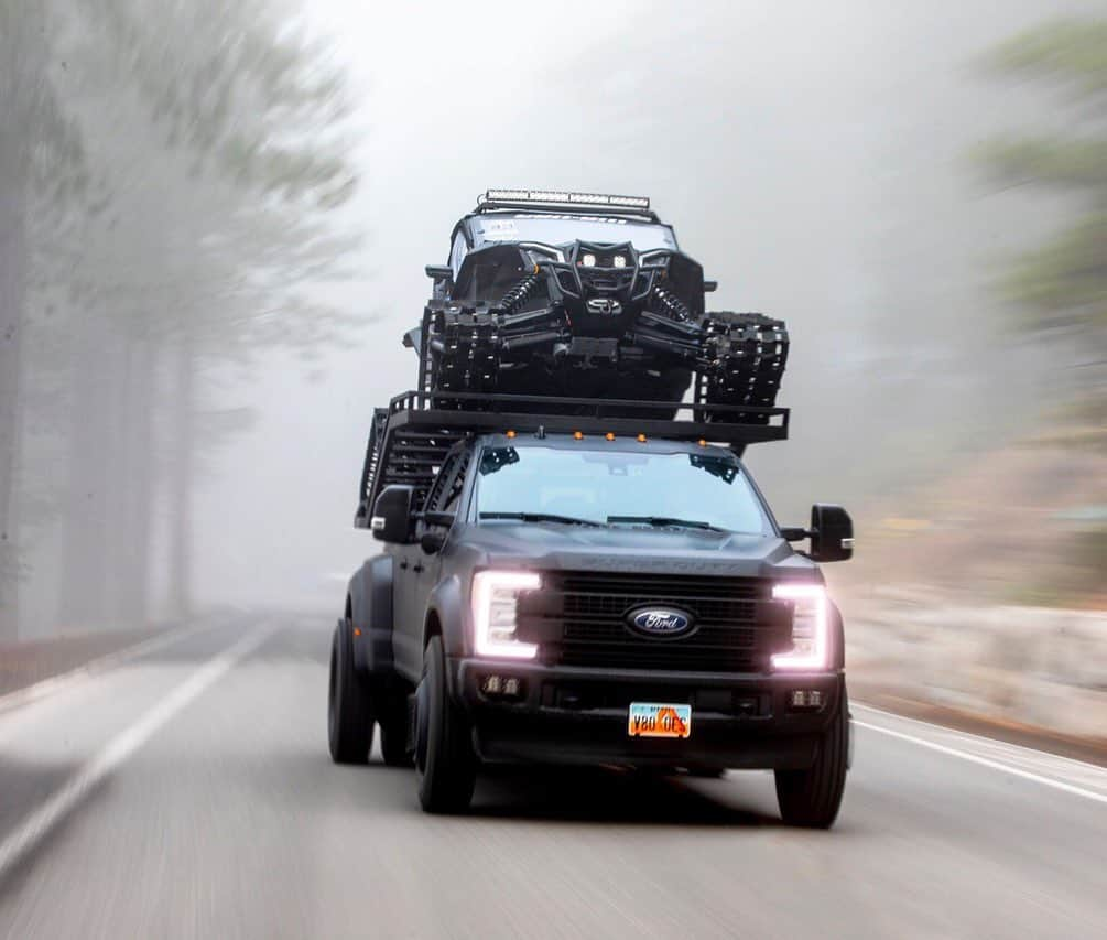 ケン・ブロックさんのインスタグラム写真 - (ケン・ブロックInstagram)「I love how tough and functional this setup is!! 1 Hoonigan Racing Division @Ford F-450, 1 @ramptek deck and 1 @CanAmOffroad Maverick X3 equipped with the new Apache Tracks kit - all en route to Boreal Mountain to shred the Woodward Peace Park. Wanna see this setup in action? Hit the link in my bio. #rollingheavy #FordF450 #CanAmMaverickX3」5月24日 3時52分 - kblock43