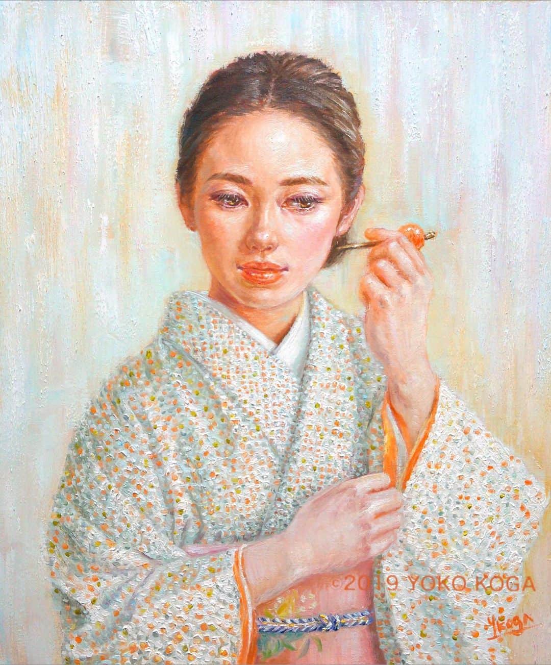 古賀陽子のインスタグラム：「“Early Spring” 2019, oil on canvas, 45.5cm×37.9cm "早春" F8号 個展 展示予定 ， 🔜 古賀陽子 洋画展 ・5月29日(水)〜6月4日(火) ・@大丸 心斎橋店 北館12F 美術画廊 ・10時〜20時半(最終日は17時まで) ・作家在廊: 11時〜17時  #人物画 #肖像画 #portrait #アート #絵 #gallery #ギャラリー #画家 #artist #painter #portraitartist #painting #art #artwork #油絵 #oilpainting #artstagram #artistoninstagram #instapainting #instajapan #instaart #instaartist #古賀陽子 #yokokoga #exhibition #exhibit #大阪 #個展 #アート好きな人と繋がりたい #ギャラリー巡り」