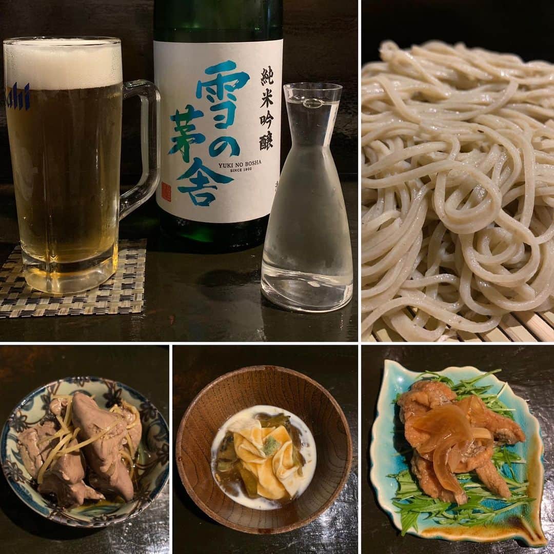 のインスタグラム：「ハッピーアワーに滑り込んで生ビと日本酒🍶 #ハッピーアワー日本酒1合500円 #お疲れちゃんビール #雪の芽舎 #純米吟醸 #ハッピーアワー #happyhour #手打ち蕎麦 #蕎麦 #soba #レバ煮 #焼きなすとゆばの冷製エビ出汁 #太刀魚の南蛮漬け #明日は休日出勤」