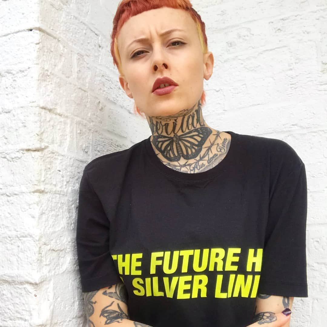 のインスタグラム：「'The Future Has A Silver Lining' tshirt worn  by the wonderful @samantha.togni . New tshirts coming soon! . 'The Future Has A Silver Lining' by D'Marc Cantu & Danny Passarella is out now on vinyl & digital formats on the 'Les Disques De La Mort' label. . #madeinengland #madeinjapan #streetstyle #mensstyle #mensfashion #unisex #streetwearfashion #streetwear #london #tokyo #hypebeast #tokyofashion #londonfashion #tshirt #england #japanfashion #tshirts #fetish #techno」