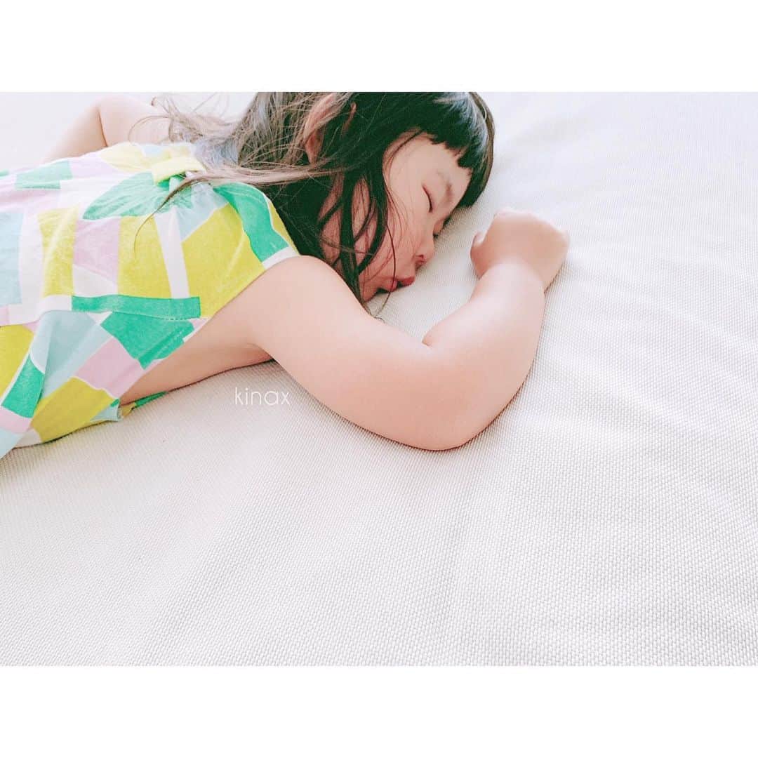 kinaxのインスタグラム：「. good afternoon(๑′ᴗ‵๑)☀in Japan, and good morning, good evening, good night for world friends! . 今日も真夏みたいだねぇ🏝 . 久しぶりに目覚ましで一緒に起きたむちこさんが 朝から「おしゃんぽいくー」って連呼するので 家事を一通り終わらせるから待っててねー って言ったら 「おちゅちゅだい、しゅるー！」 って手伝ってくれたよʕ •́؈•̀ ₎笑 . . お昼までがっつりお外遊びして 帰ってお風呂に入って お昼ご飯を食べたら さすがに疲れたみたいで珍しくお昼寝ʕ •́؈•̀ ₎ . お日様浴びると疲れるよね☀️ . . それはそうと 今年は赤紫蘇が出回るの遅いのかな？ . 去年は運動会に紫蘇ジュースを持って行ったんだけど 今年は直売所にもまだ出てないやー🥬 . だいぶ暑くなってきたから飲みたいなぁʕ •́؈•̀ ₎ . . 学校からも熱中症予防のお便りがきたけど みんなも気をつけてね🥤 . #親バカ部 #お昼寝 #お散歩あつかったー #ストライプのパンツを履かせたら #うっすらシマシマの日焼けした 2019/05/24」